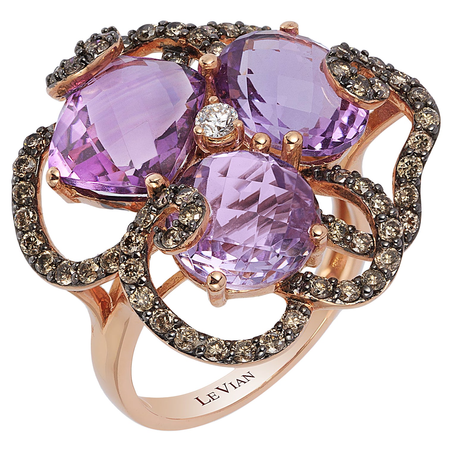 Anello di classe LeVian in oro rosa 14K con ametista rotonda marrone e diamanti al cioccolato