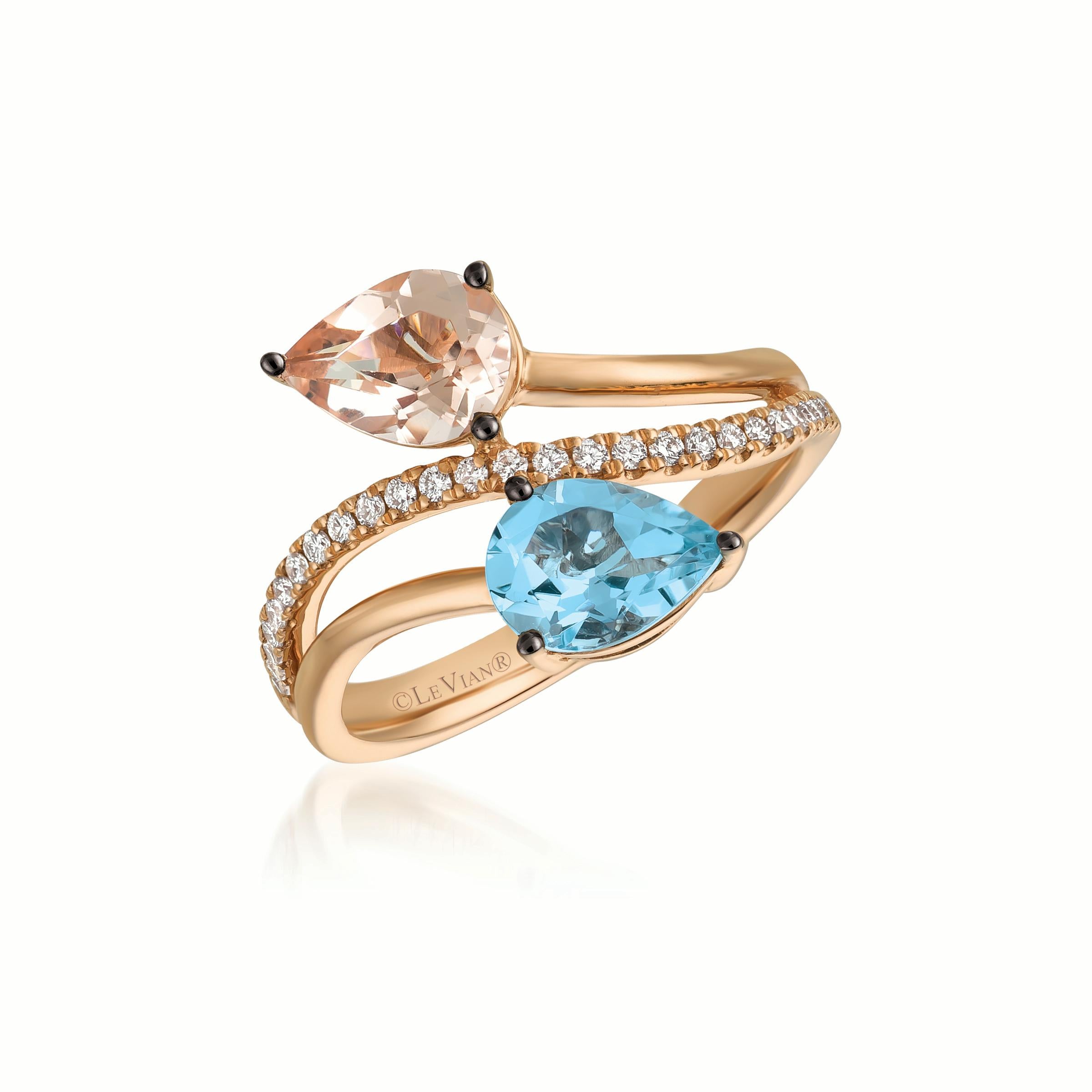 LeVian 14K Rose Gold Aquamarine Morganite Round Diamonds Classic Cocktail Ring In New Condition For Sale In Great Neck, NY