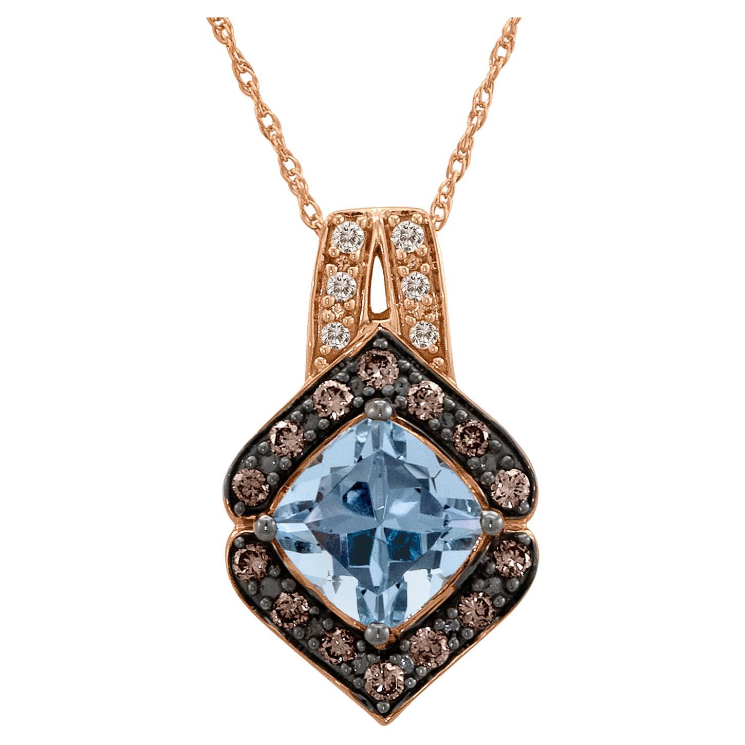 Levian 14K Rose Gold Aquamarine Round Brown Chocolate Diamond Pendant Necklace For Sale