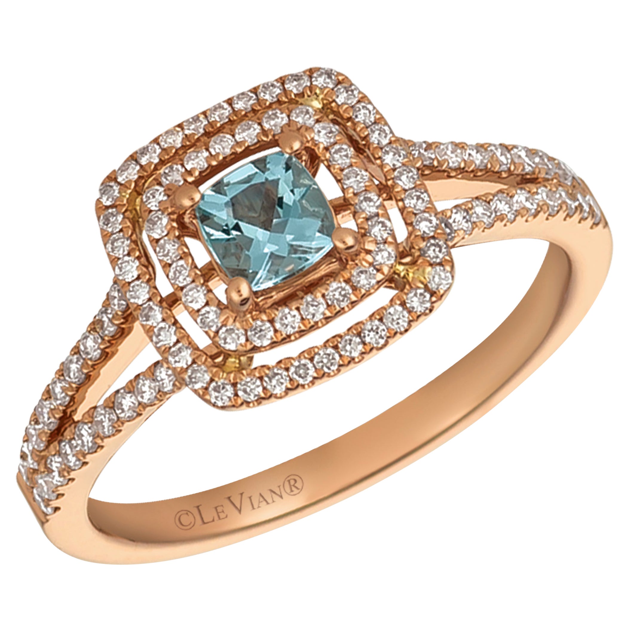 LeVian 14K Rose Gold Aquamarin Runde Diamant Split Shank Bridal Halo Ring