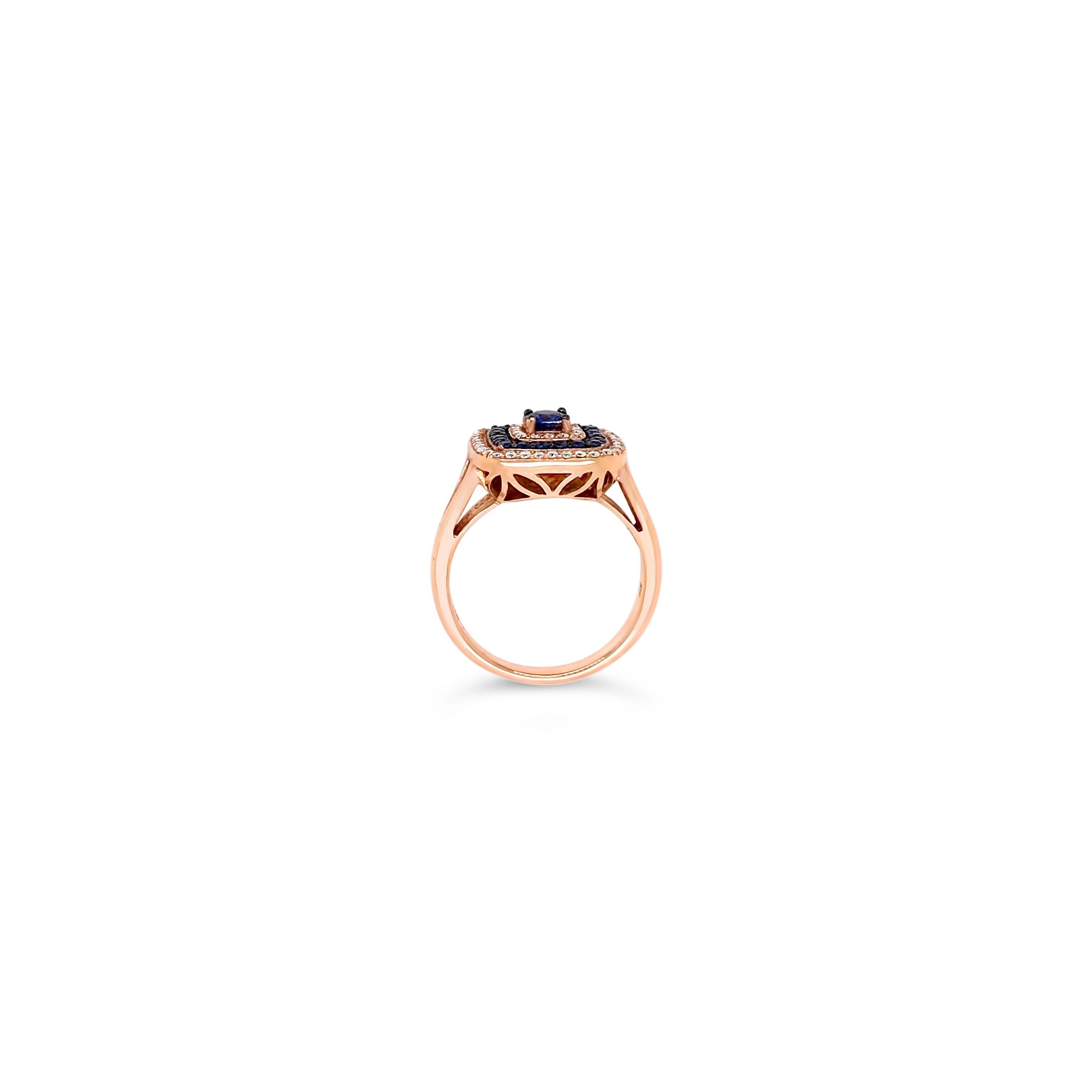 LeVian 14K Rose Gold Blue Sapphire Round Diamond Triple Halo Fancy Cocktail Ring In New Condition For Sale In Great Neck, NY