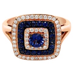 Fancy Cocktail-Ring, 14 Karat Roségold Blauer Saphir Runder Diamant Dreifach Halo