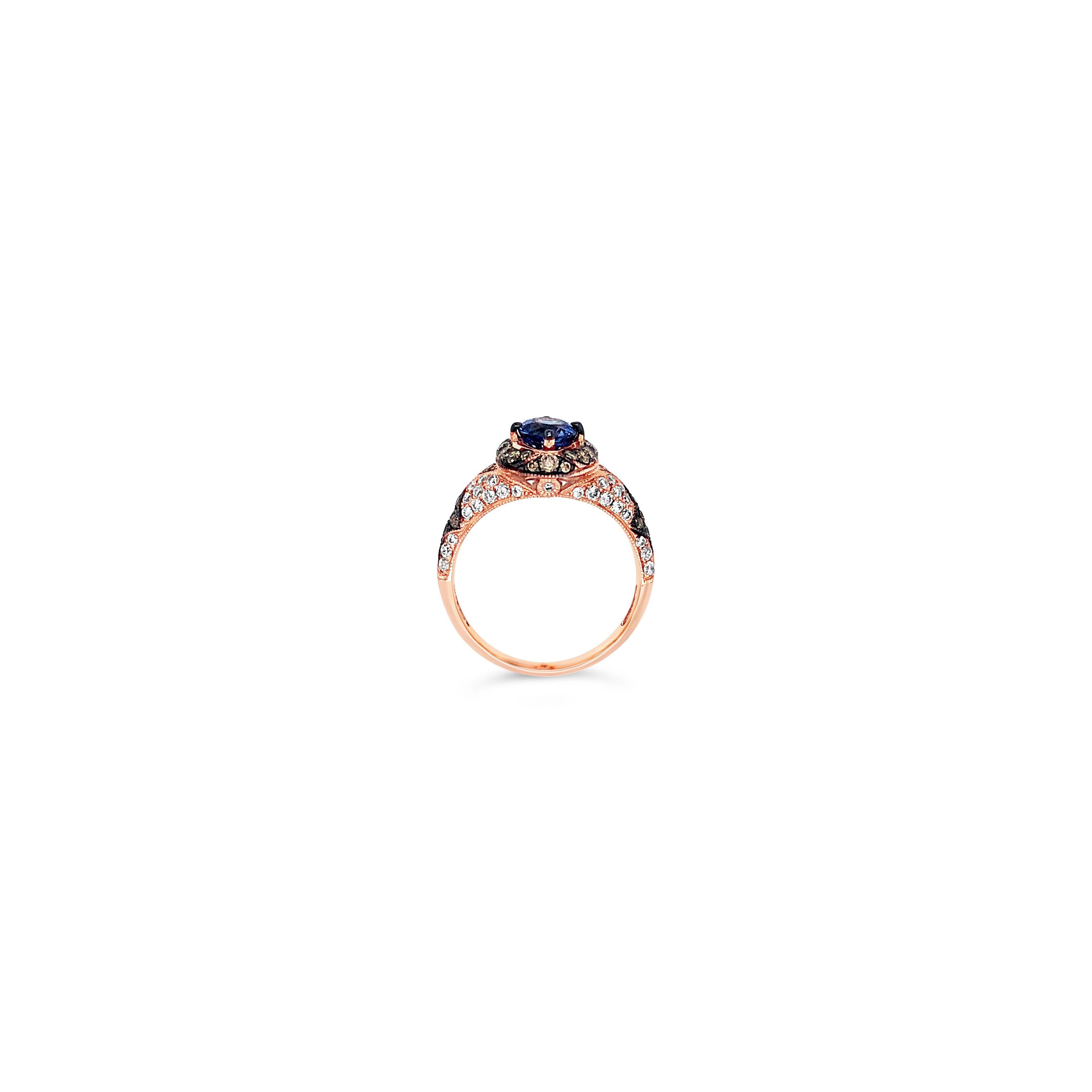 Halo-Ring, 14 Karat Roségold, runder Ceylon-Saphir, schokoladenbrauner Diamant im Zustand „Neu“ in Great Neck, NY