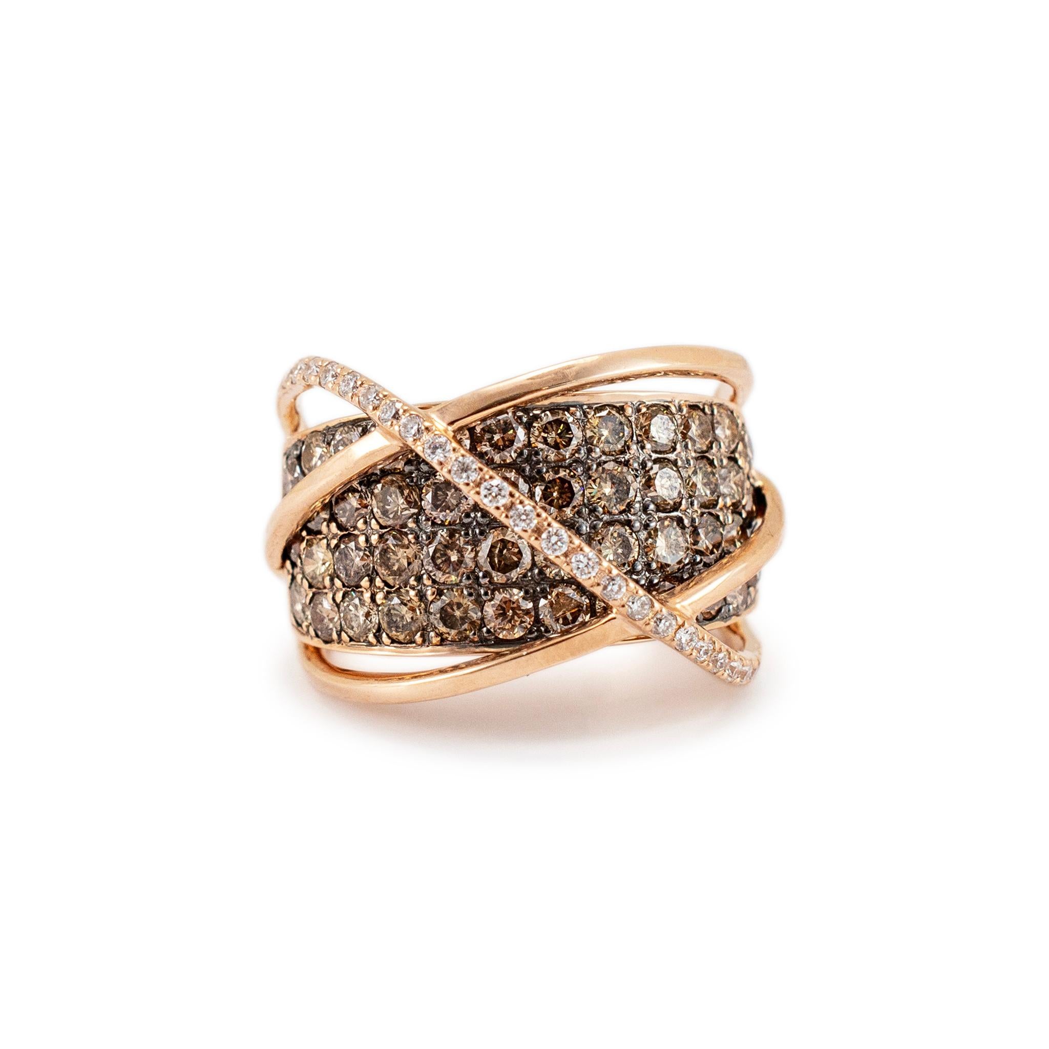 Brand: Le Vian

Gender: Ladies

Metal Type: 14K Rose Gold

Ring Size: 7

Width: 11.60 mm tapering to 5.20 mm

Weight: 11.20 grams

One ladies 14K rose gold diamond cocktail ring with a tapered comfort-fit shank. The metal was tested and determined