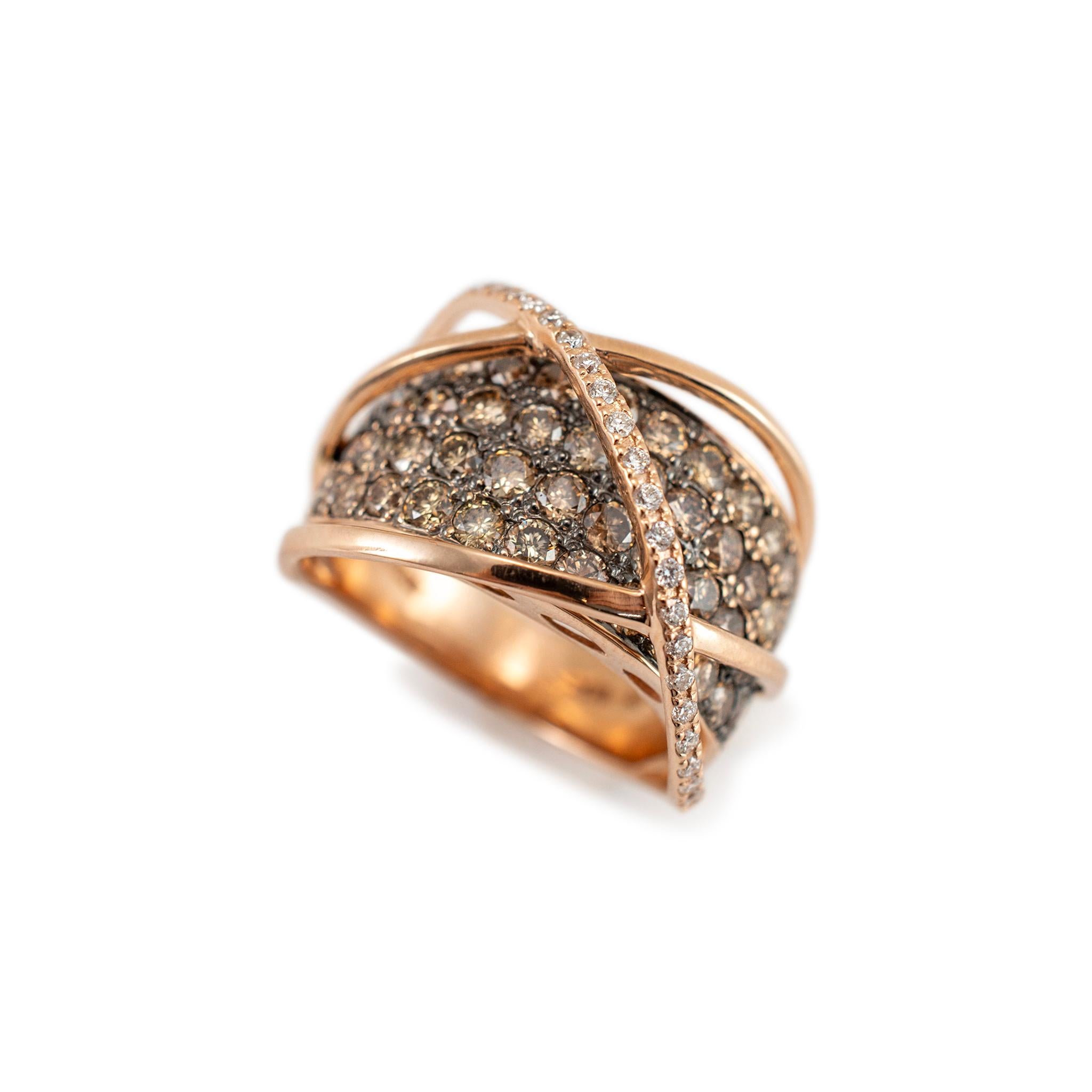 Round Cut Levian 14K Rose Gold Chocolate & White Diamond Crossover Cocktail Ring For Sale