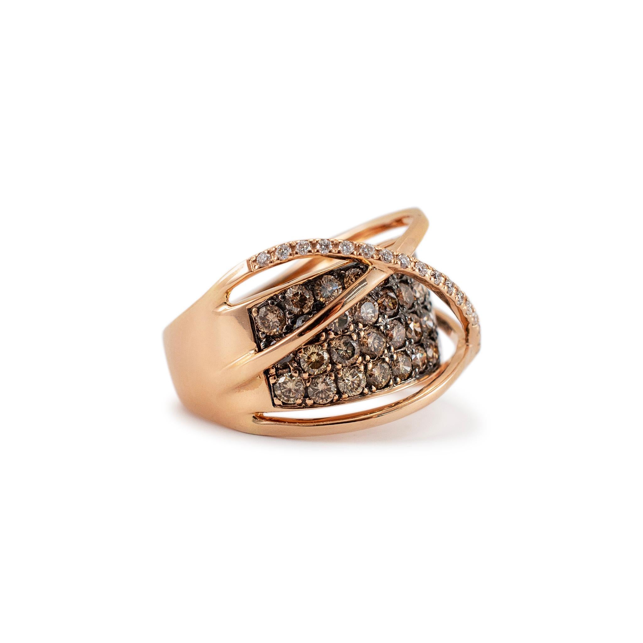 Women's Levian 14K Rose Gold Chocolate & White Diamond Crossover Cocktail Ring For Sale