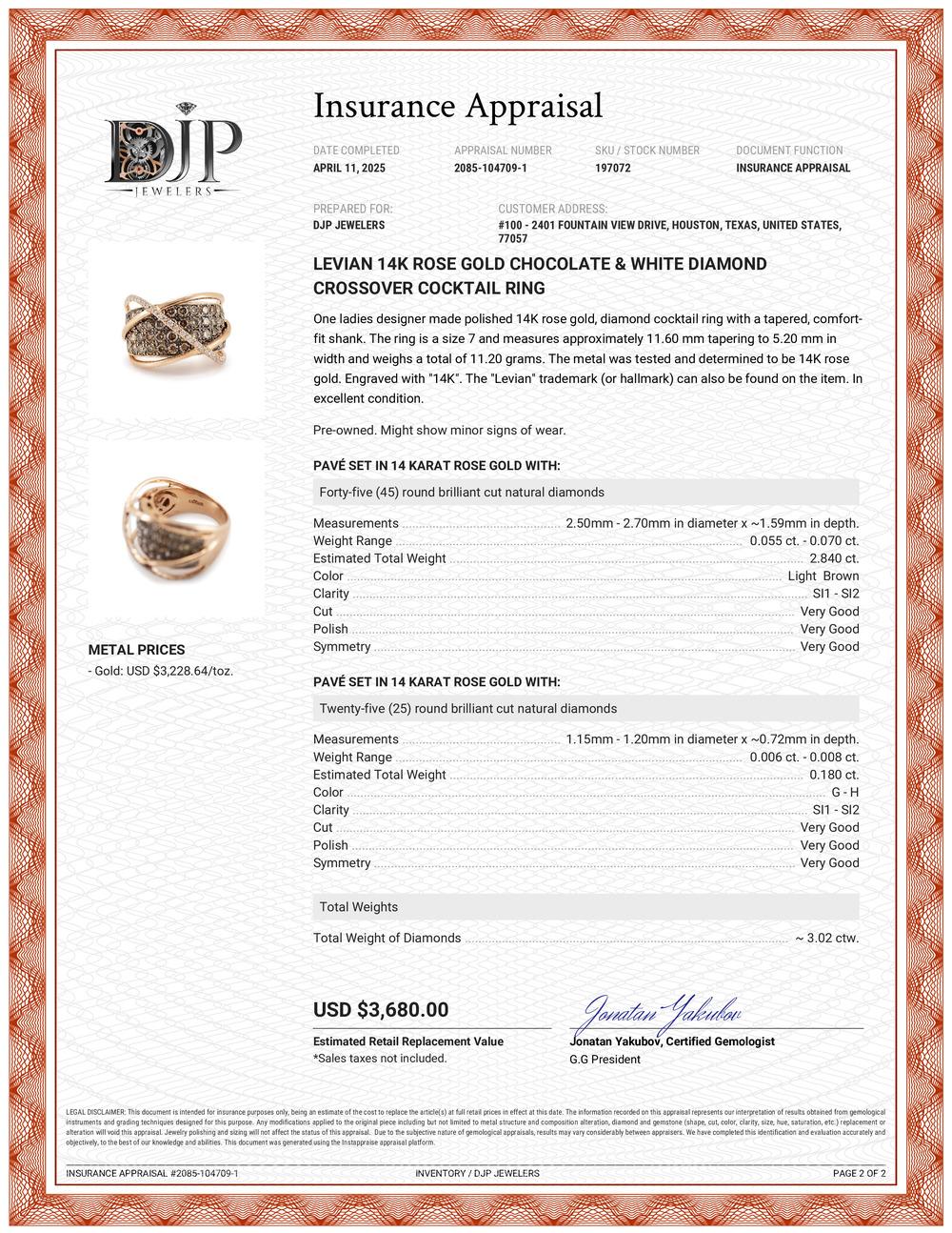 Levian 14K Rose Gold Chocolate & White Diamond Crossover Cocktail Ring For Sale 4