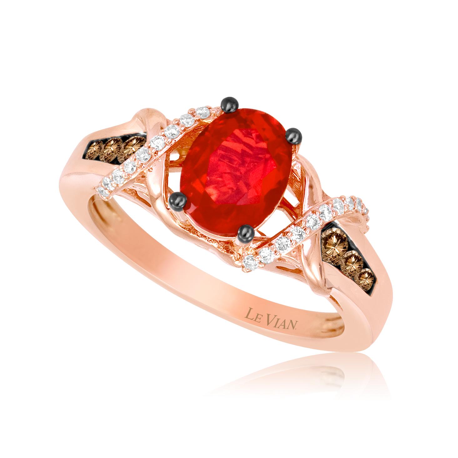 Grand Sample Sale Ring featuring 5/8 cts. Neon Tangerine Fire Opal®, 1/4 cts. Chocolate Diamonds® , 1/10 cts. Vanilla Diamonds®  set in 14K Strawberry Gold®
