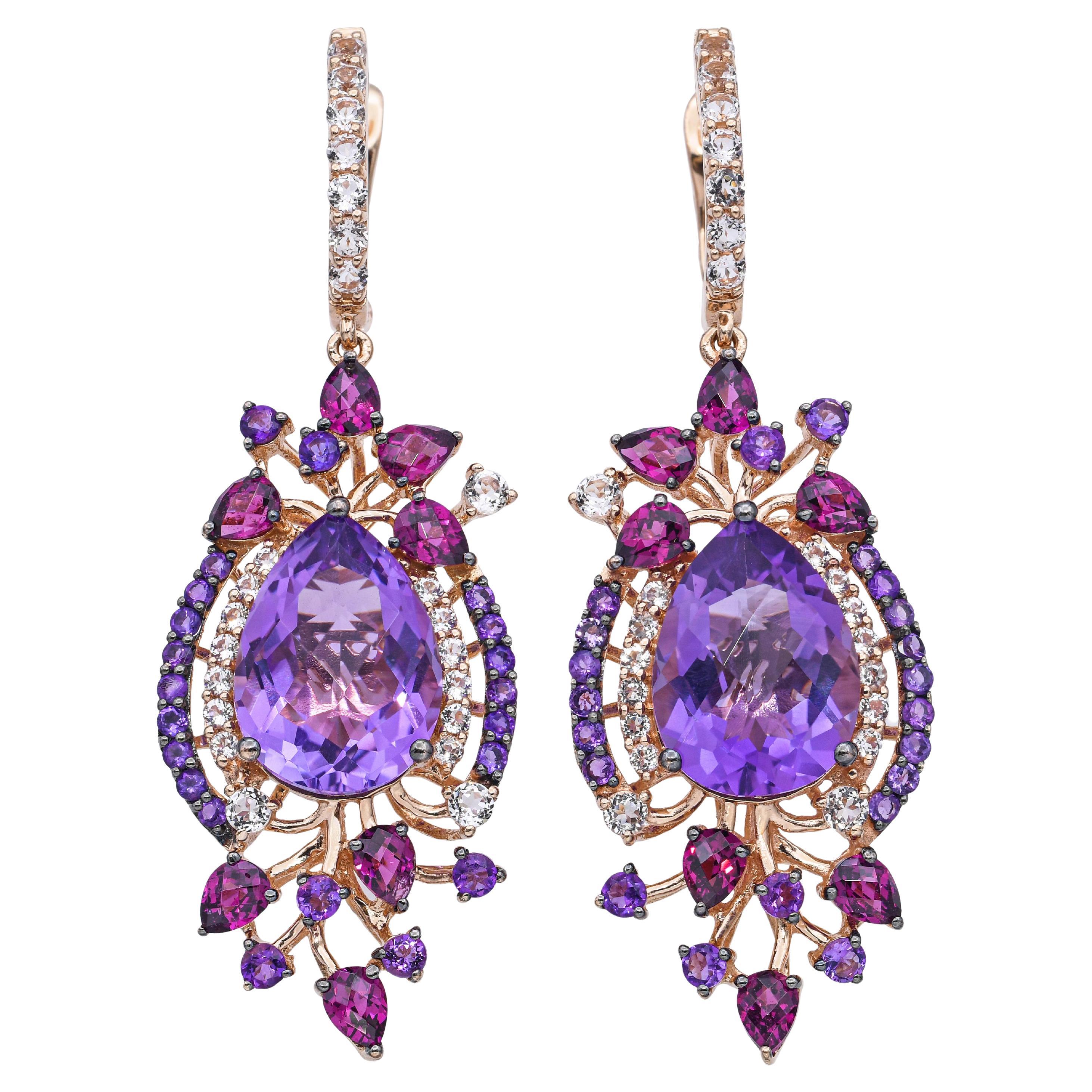 LeVian 14k Rose Gold Floral Motif Semi Precious Gemstone Earrings For Sale