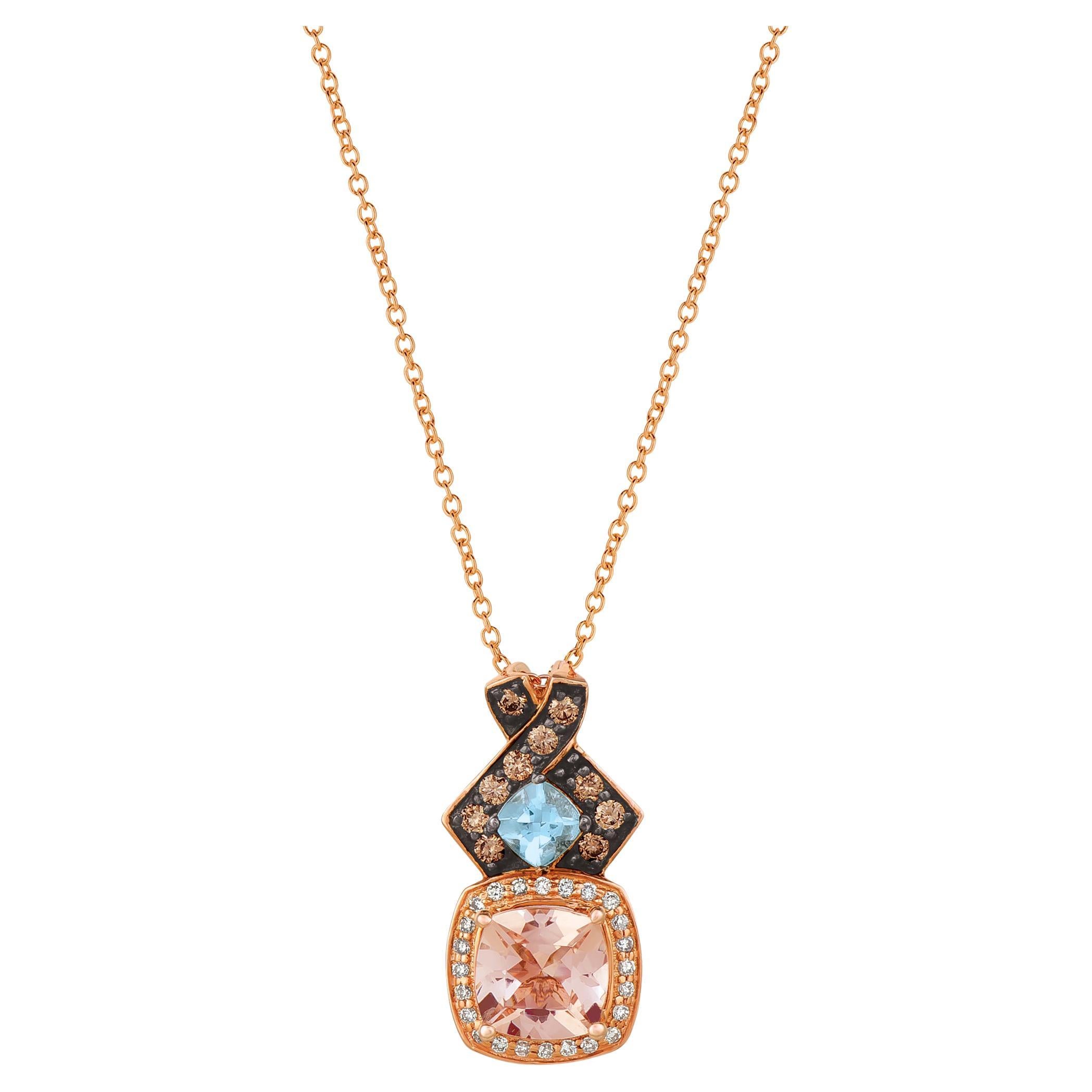 LeVian 14K Rose Gold Morganite Aquamarine Round Brown Diamond Pendant Necklace For Sale