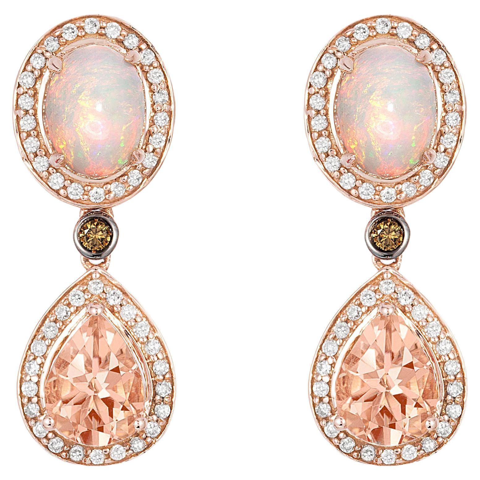Le Vian 14K Rose Gold Morganite Opal Round Brown Chocolate Diamond Earrings For Sale