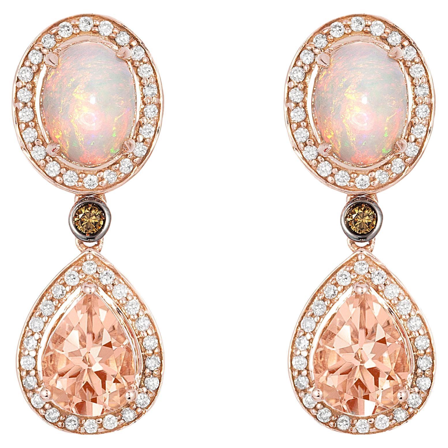 LeVian 14K Rose Gold Morganite Opal Round Brown Chocolate Diamond Earrings For Sale