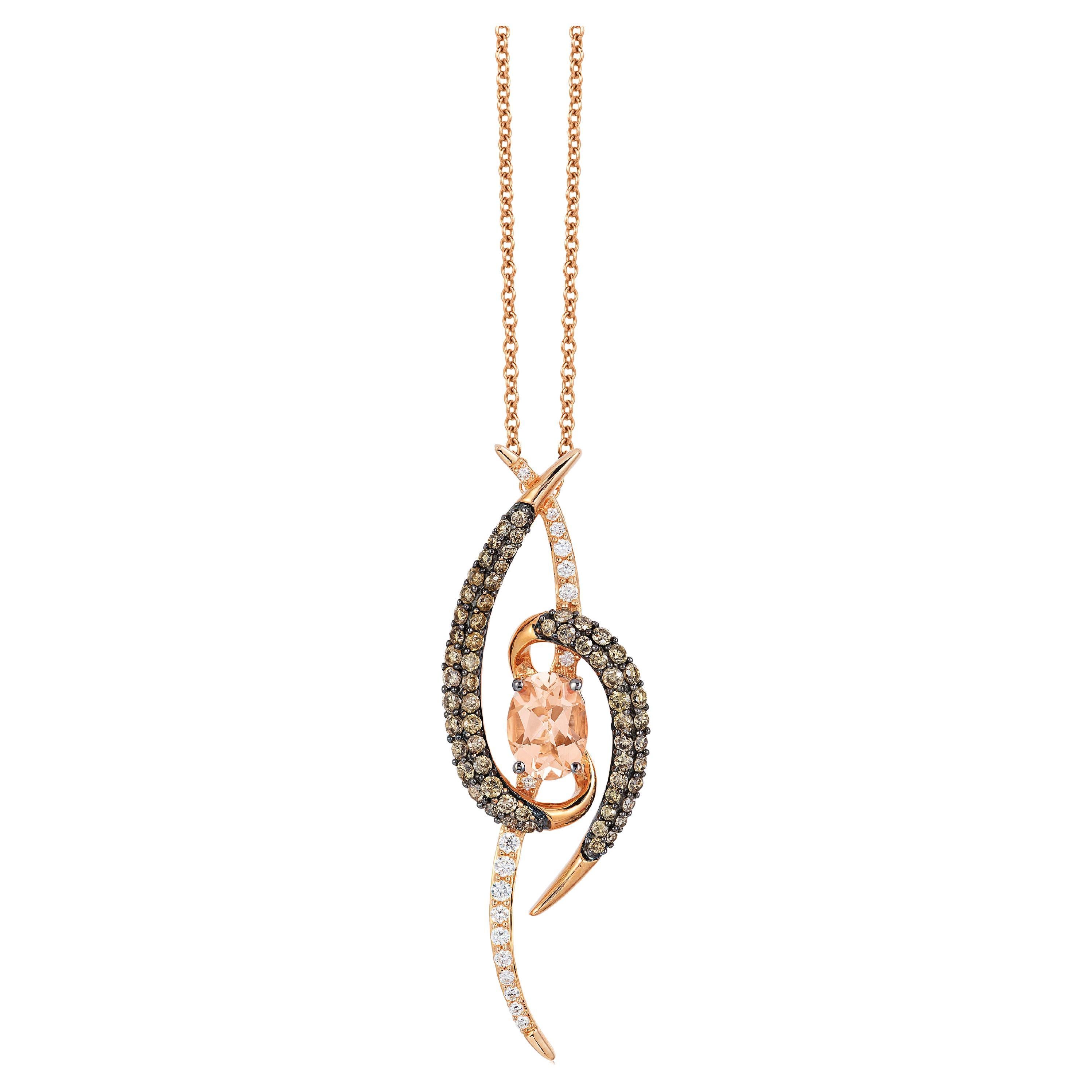 LeVian 14K Rose Gold Morganite Round Chocolate Brown Diamond Pendant Necklace For Sale