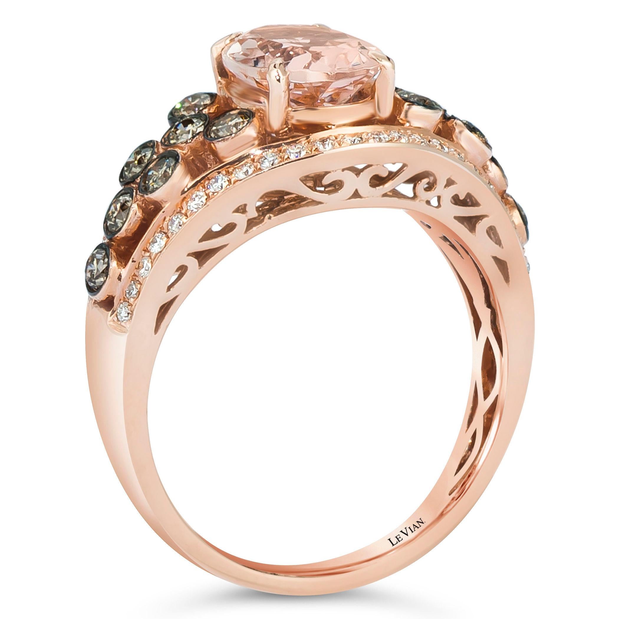 Levian 14K Rose Gold Morganite White Chocolate Diamond Flared Fashion Ring In New Condition For Sale In Great Neck, NY