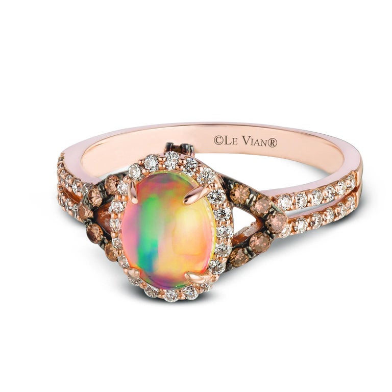 LeVian 14K Rose Gold Opal Cabochon White/Chocolate Diamond Fashion Ring