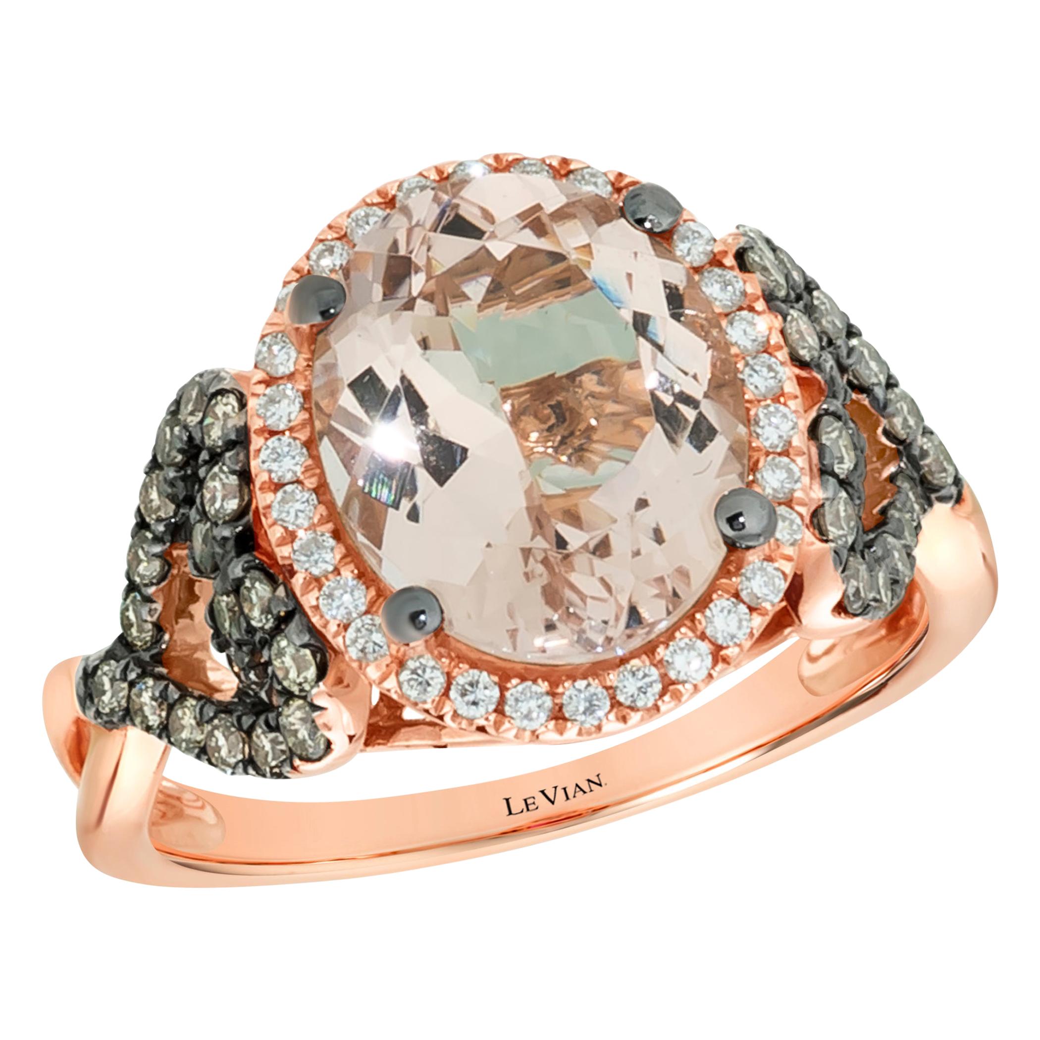 LeVian 14k Rose Gold Oval Morganite & Chocolate Diamond Halo Engagement Ring