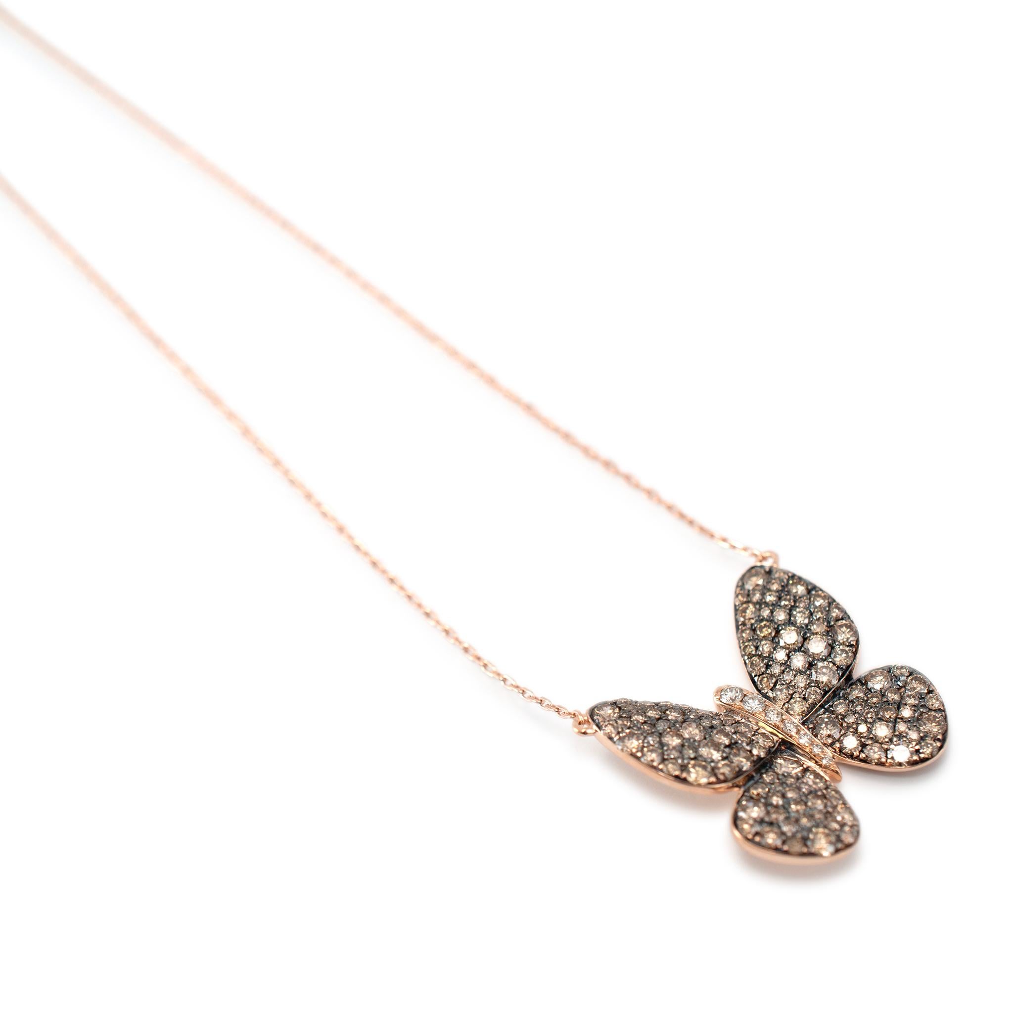 Levian Halskette mit Schmetterlingsanhänger, 14 Karat Roségold Pavé Schokoladen-Diamant (Rundschliff)