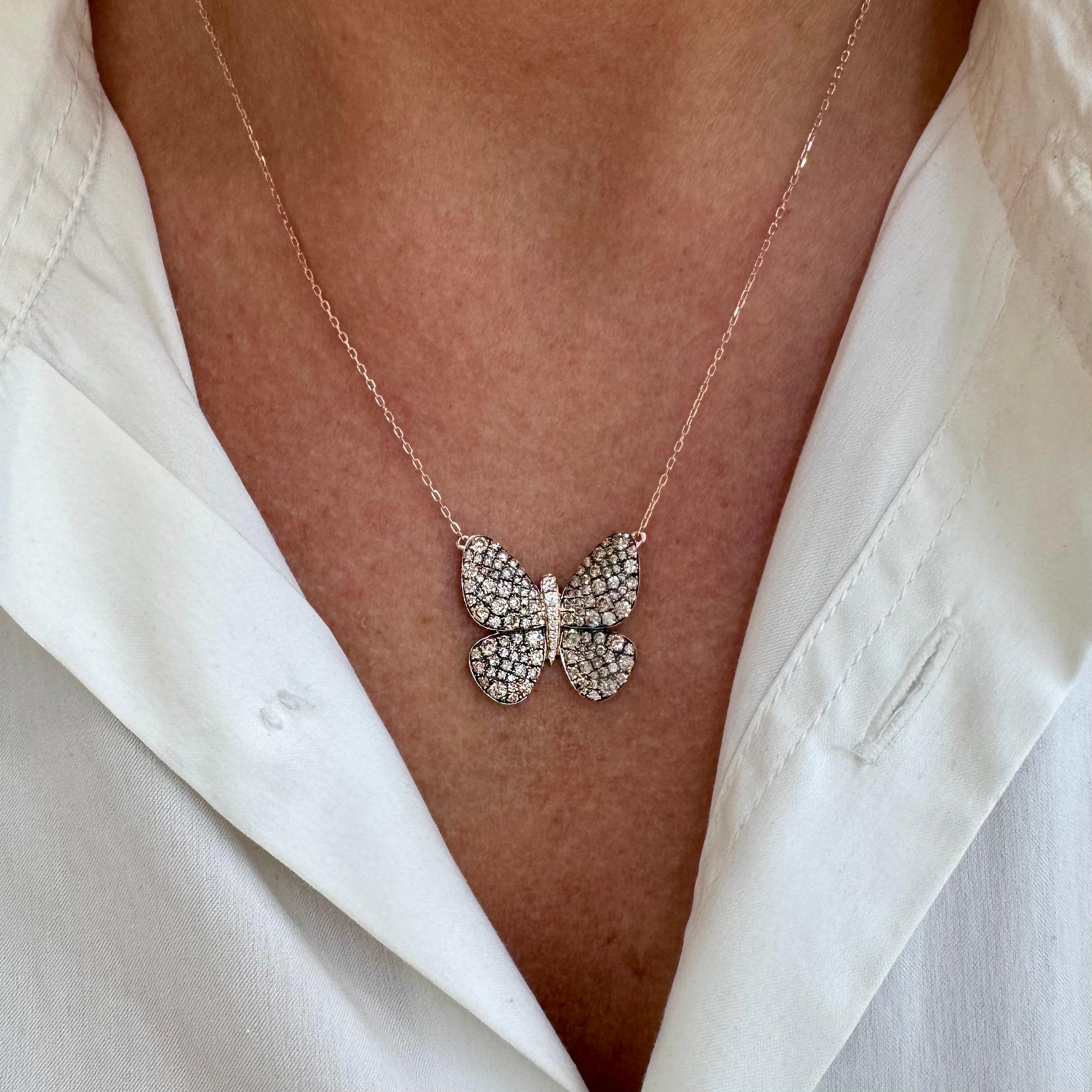 Levian Halskette mit Schmetterlingsanhänger, 14 Karat Roségold Pavé Schokoladen-Diamant 2