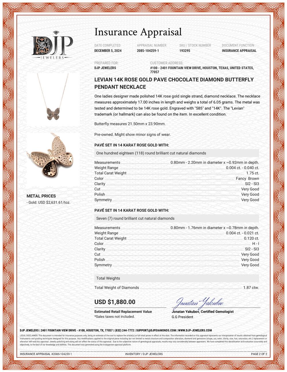 Levian Halskette mit Schmetterlingsanhänger, 14 Karat Roségold Pavé Schokoladen-Diamant 3