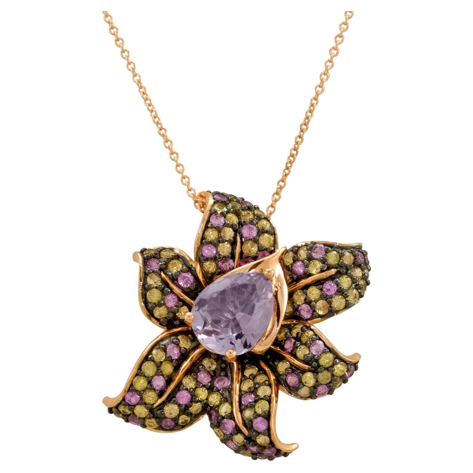 Le Vian 14K Rose Gold Pink Amethyst Yellow Sapphire Flower Star Pendant Necklace For Sale