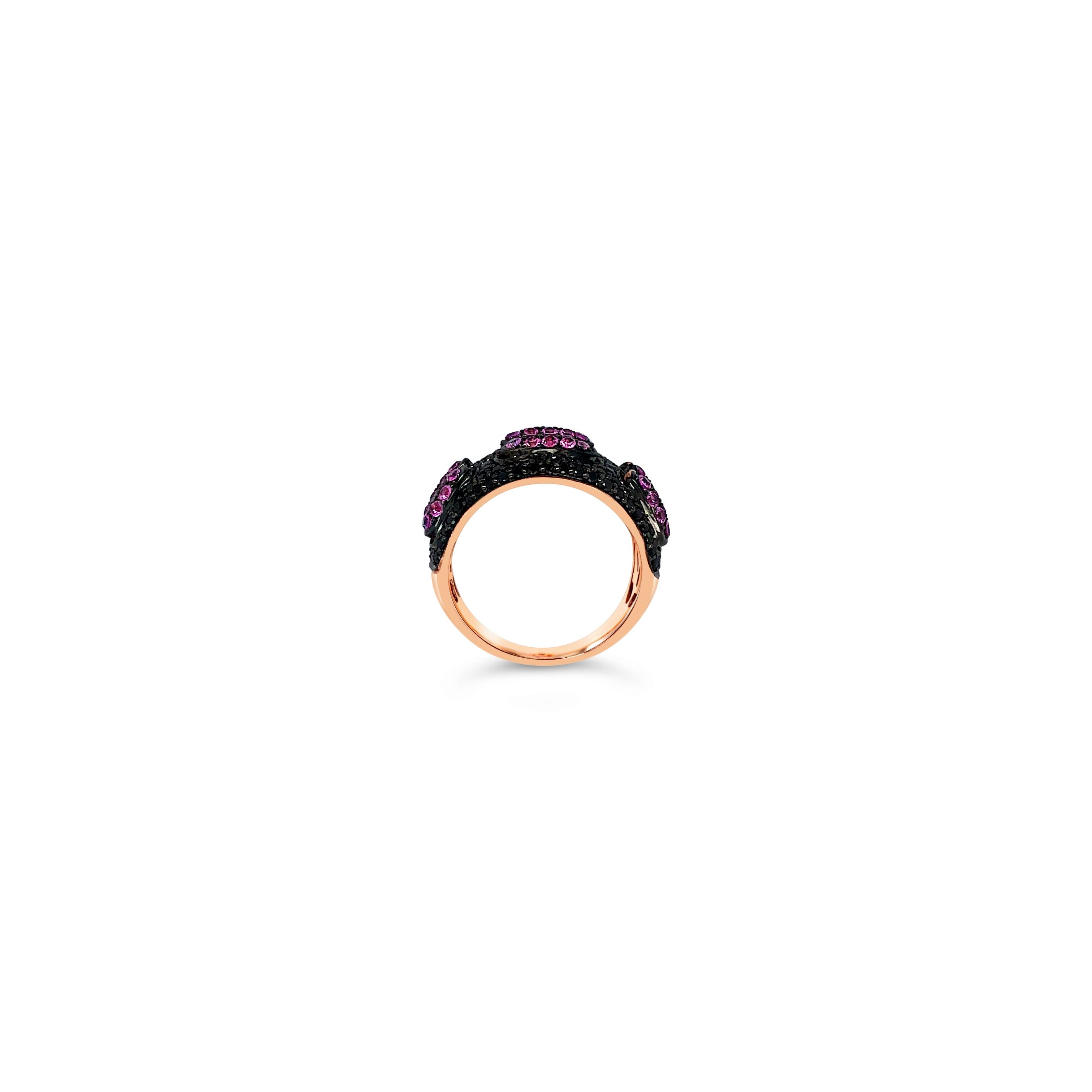 LeVian 14K Rose Gold Pink Sapphire Round Black Diamond Classic Cocktail Ring In New Condition For Sale In Great Neck, NY
