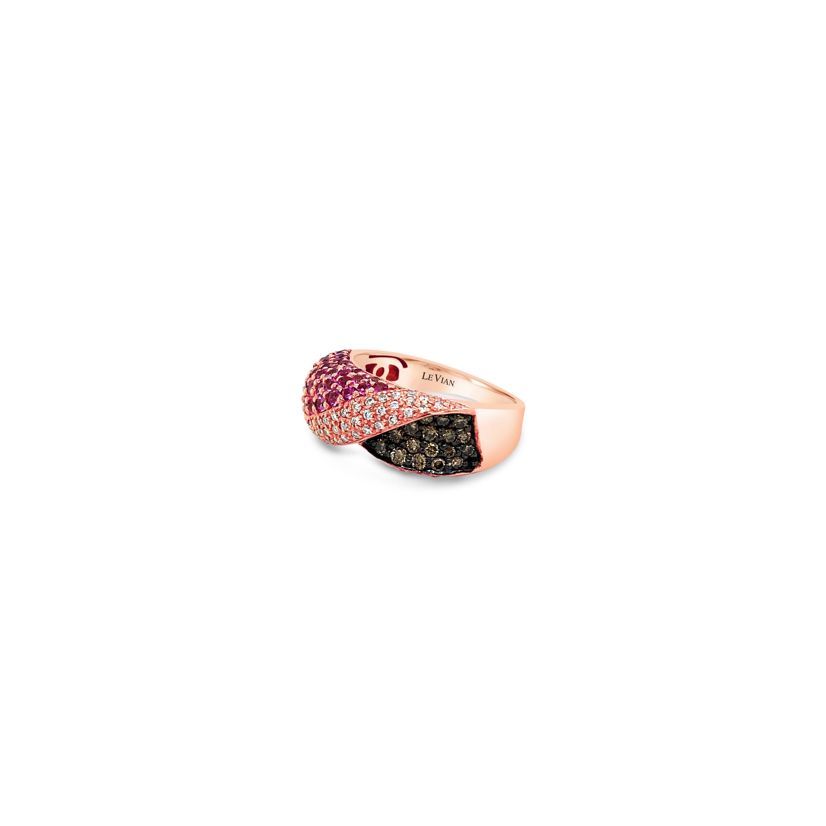 Grand Sample Sale Ring featuring 7/8 cts. Bubble Gum Pink Sapphire™, 1/3 cts. Chocolate Diamonds® , 1/4 cts. Vanilla Diamonds®  set in 14K Strawberry Gold®
