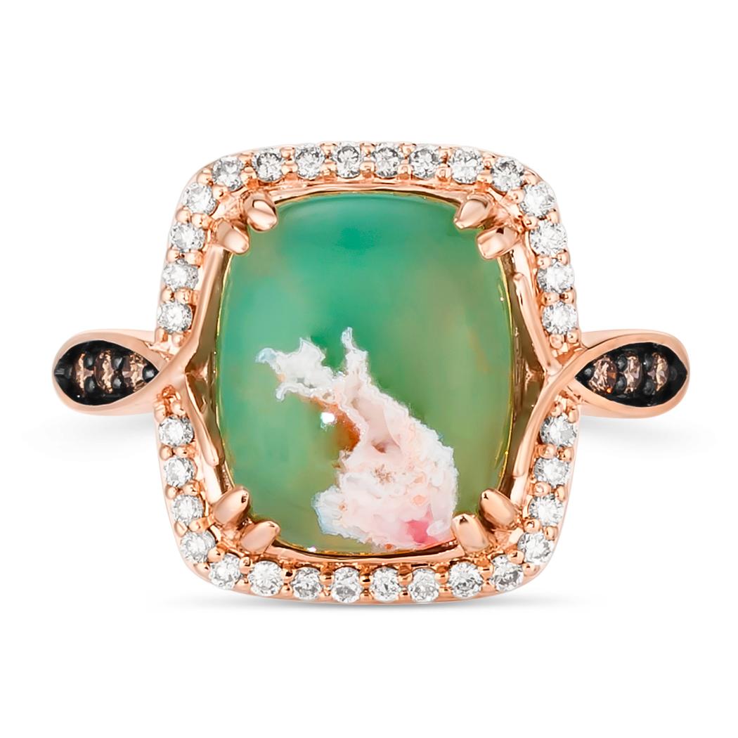 LeVian 14K Rose Gold Plated .925 Sterling Silver Cushion Shaped Green Aquaprase Cabochon, White Topaz, Smoky Quartz Halo Statement Ring - Size 8