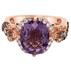 Halo-Ring, 14 Karat Roségold, lila Amethyst, rund, schokoladenbraun Diamant