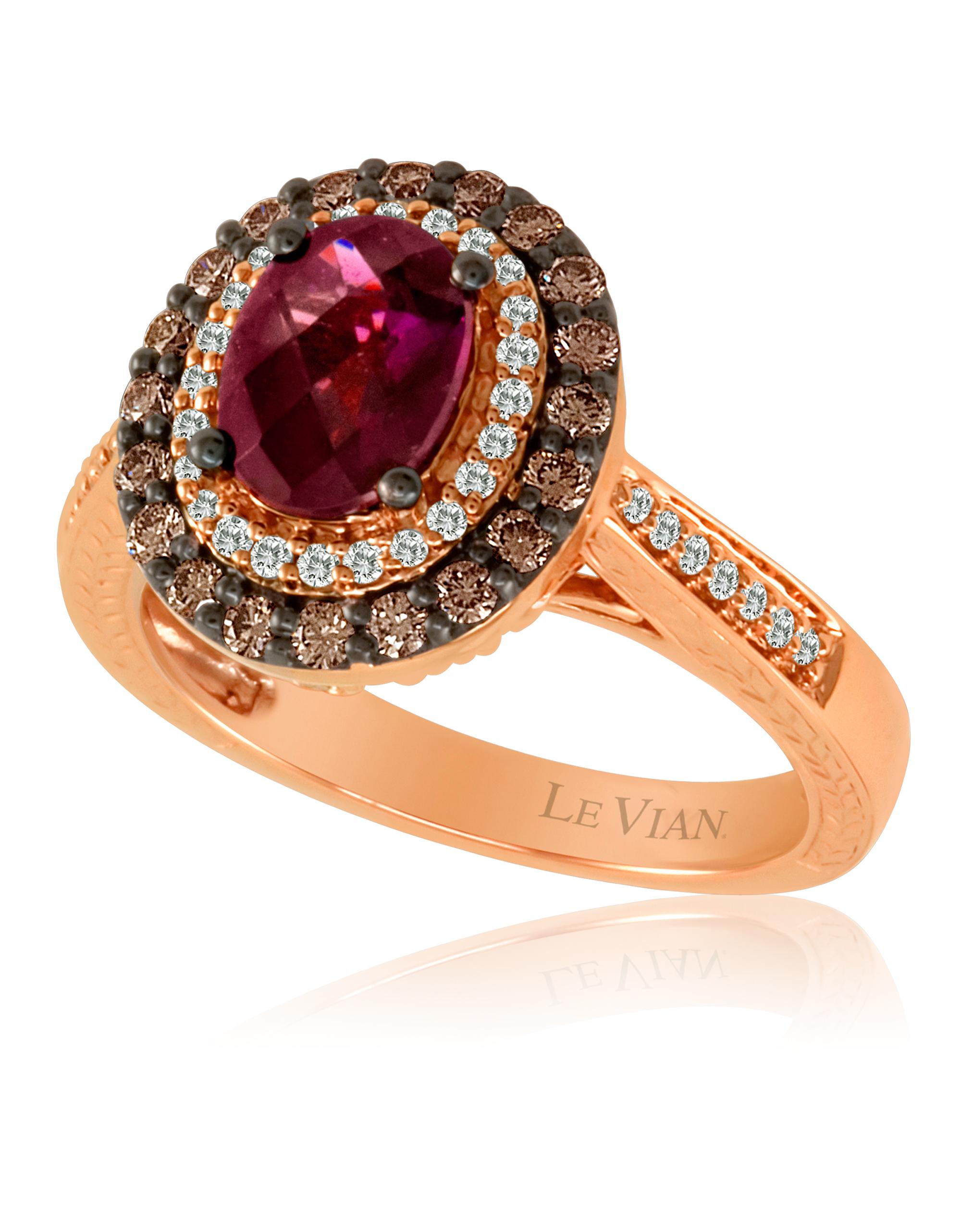 Grand Sample Sale Ring featuring 1  1/5 cts. Raspberry Rhodolite®, 1/3 cts. Chocolate Diamonds® , 1/4 cts. Vanilla Diamonds®  set in 14K Strawberry Gold®
