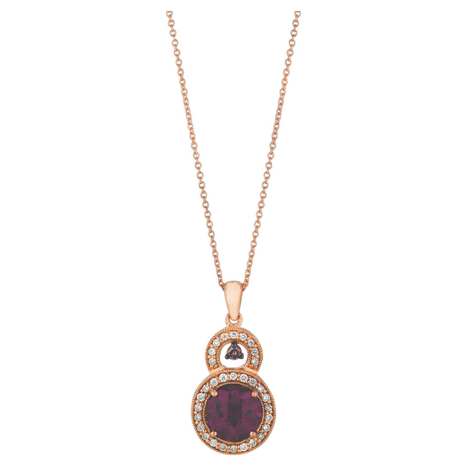 LeVian 14K Rose Gold Rhodolite Garnet Round Brown Diamonds Halo Pendant Necklace For Sale