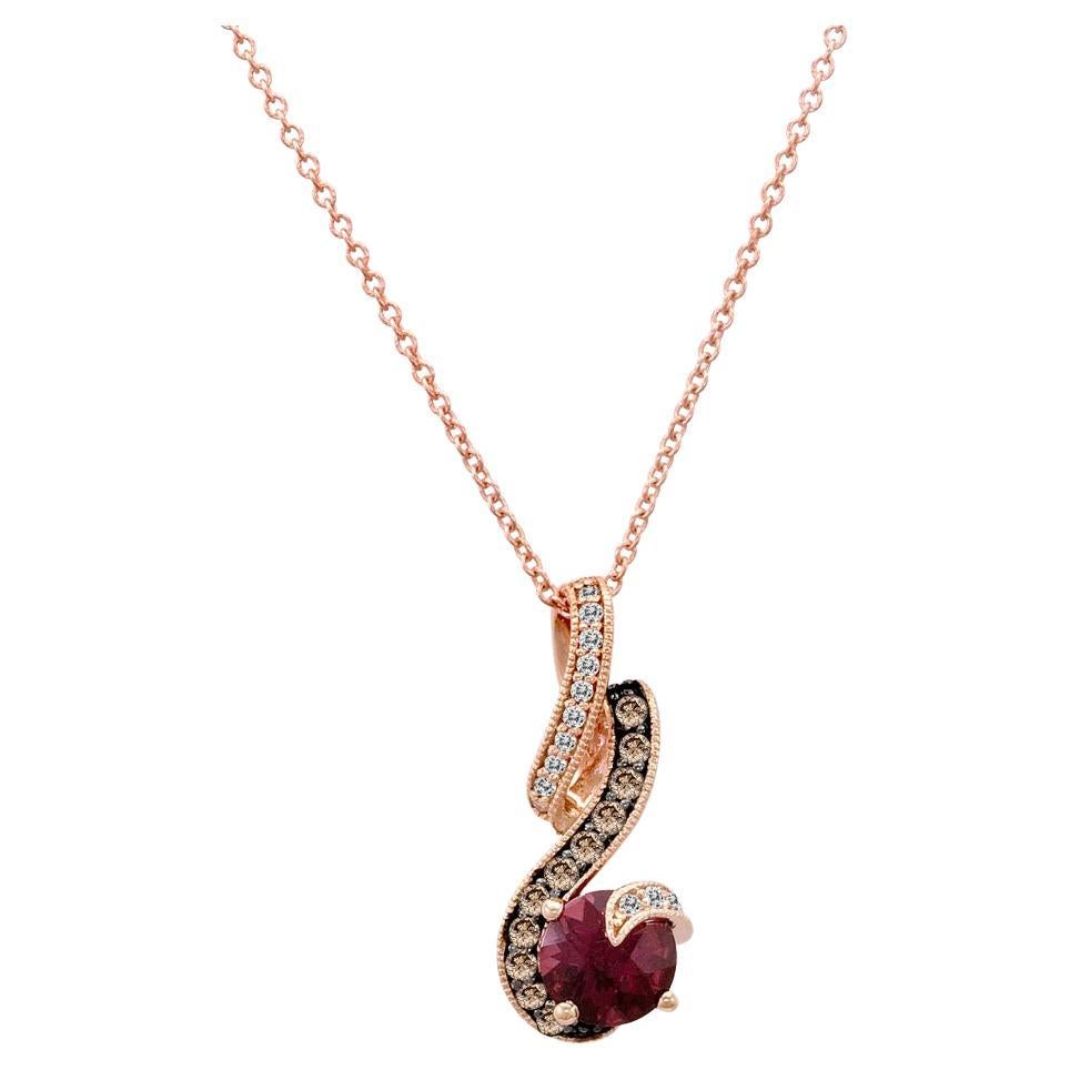 LeVian 14K Rose Gold Rhodolite Round Chocolate Brown Diamond Pendant Necklace For Sale