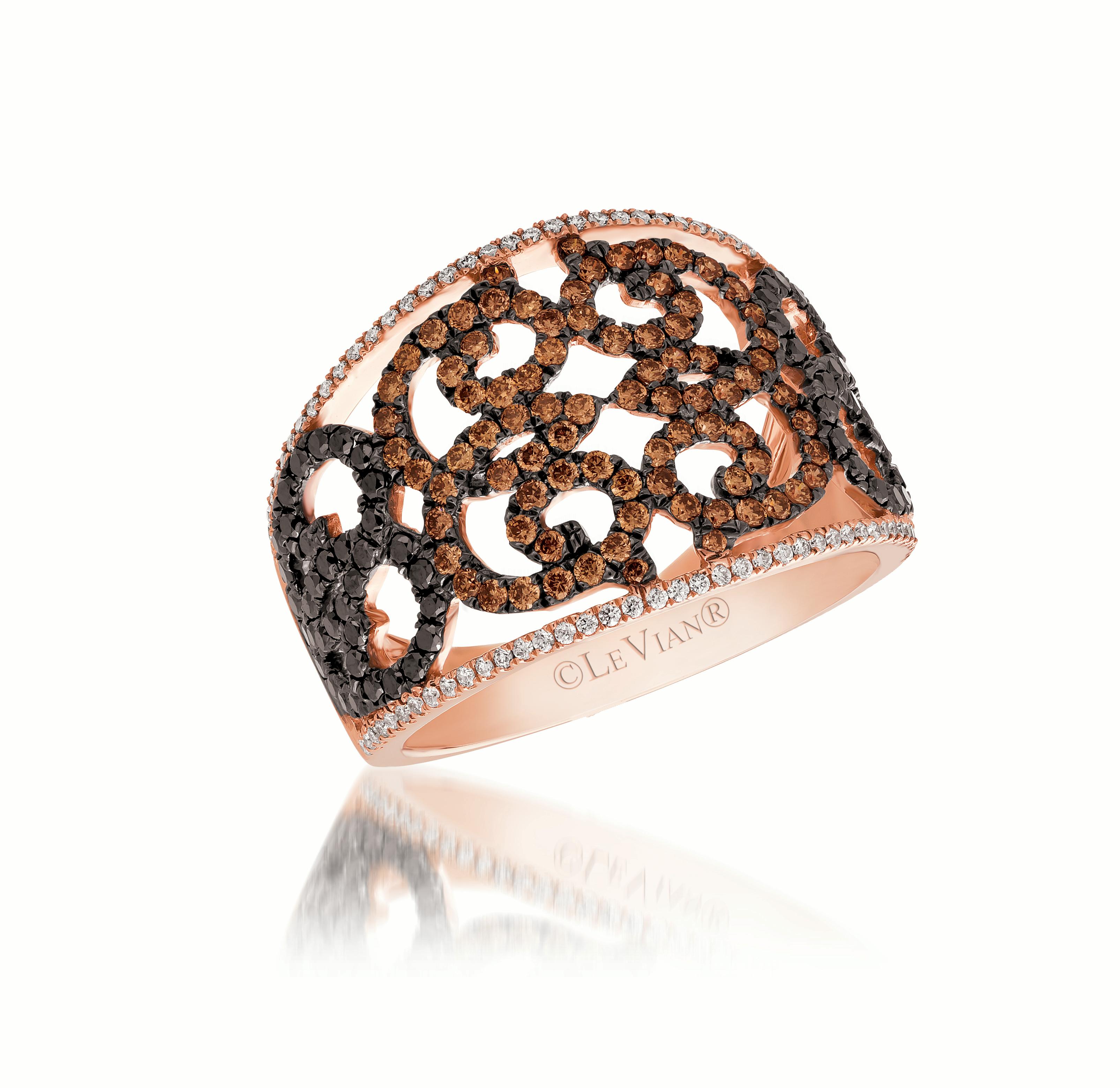 LeVian Bague cocktail en or rose 14 carats, diamants ronds, noirs, bruns et chocolatés
