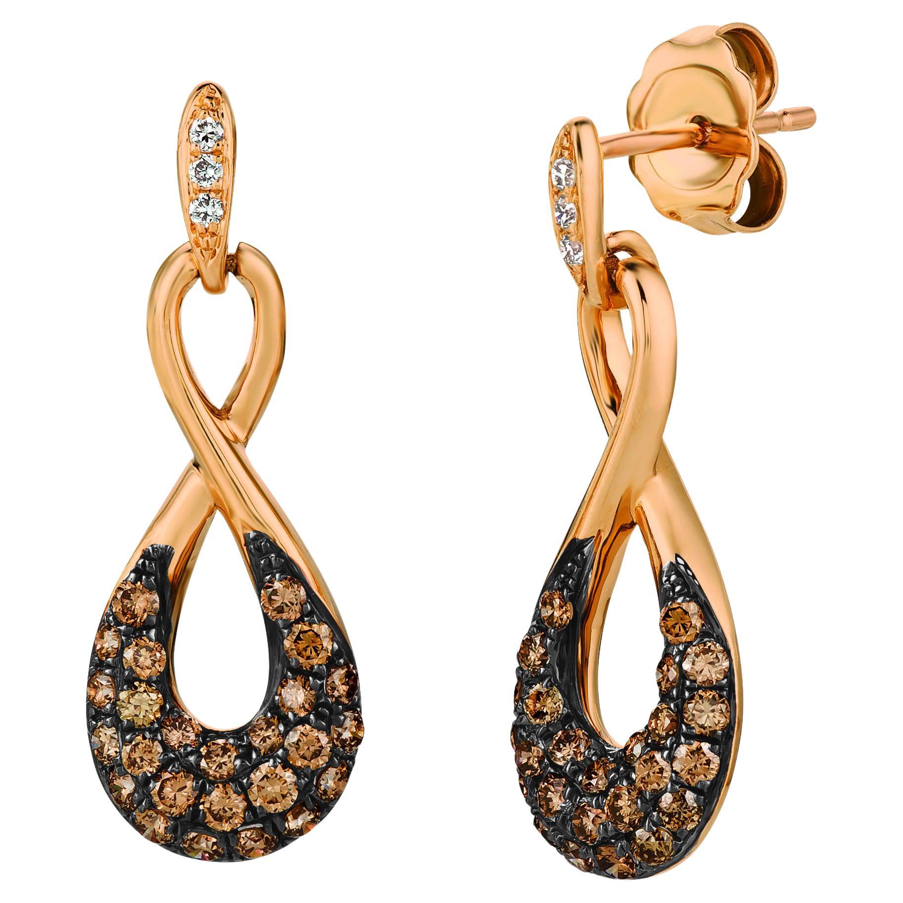 LeVian 14K Rose Gold Round Chocolate Brown Diamond Beautiful Pretty Earrings For Sale
