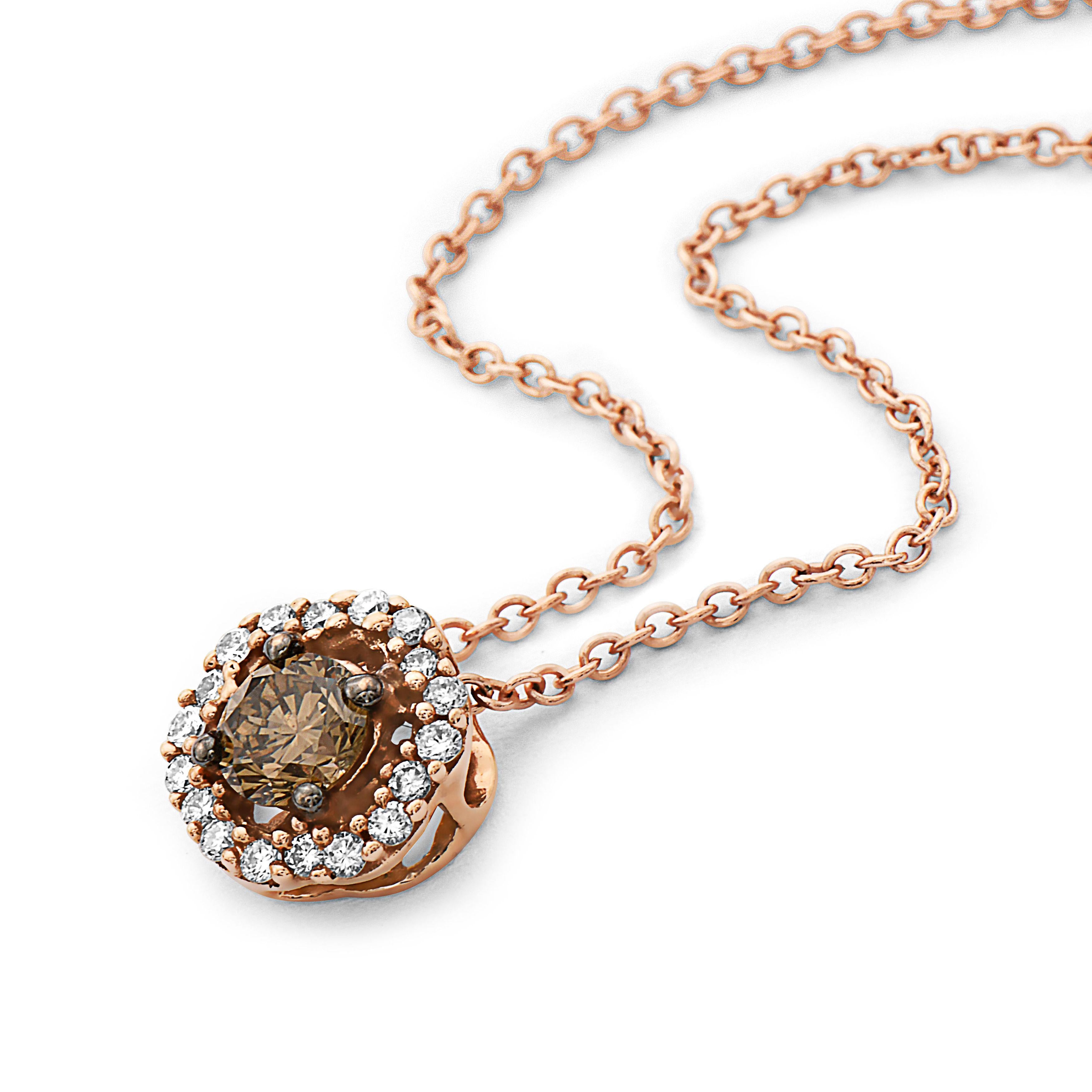LeVian 14K Rose Gold Round Chocolate Brown Diamonds Classy Halo Pendant Necklace In New Condition For Sale In Great Neck, NY