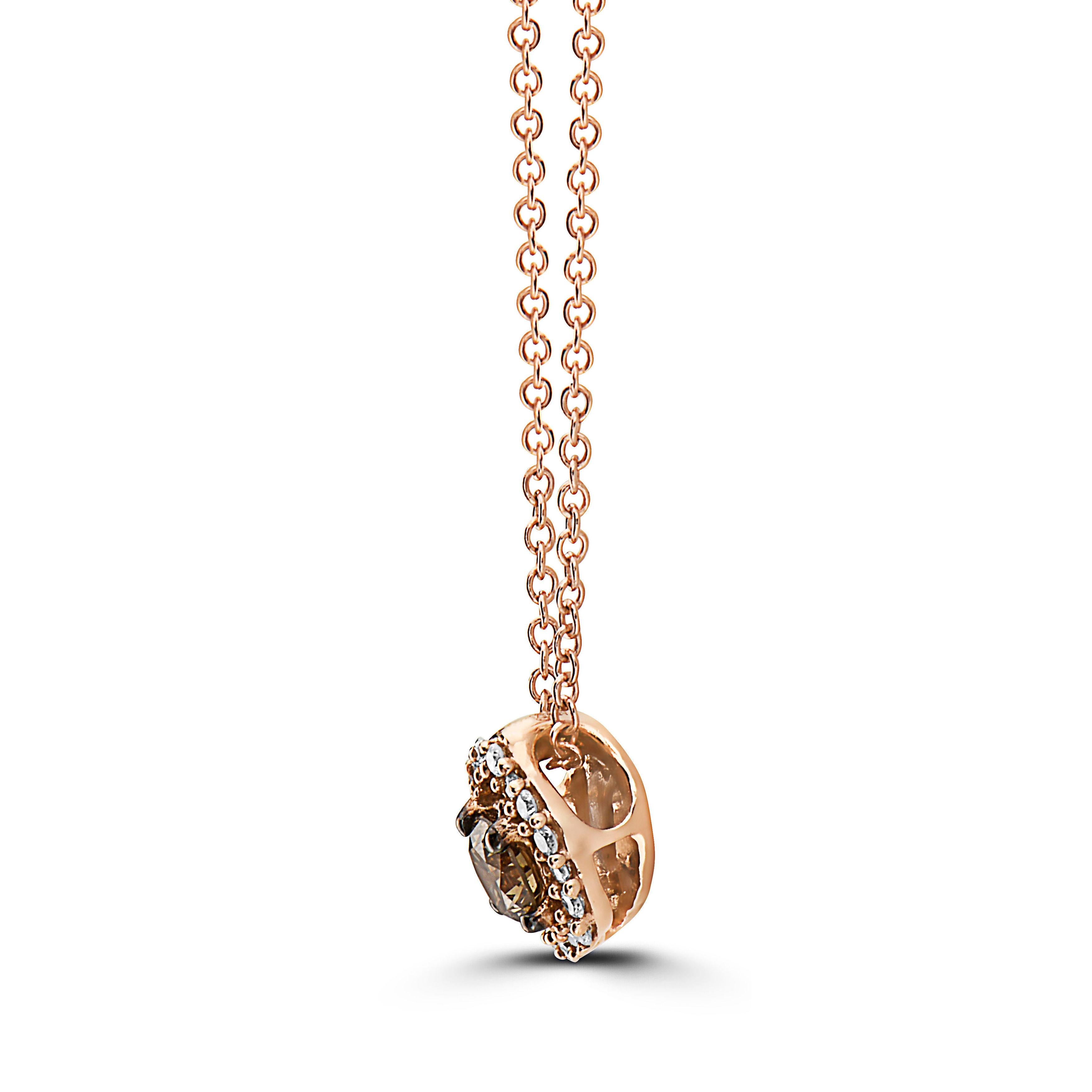 Women's or Men's LeVian 14K Rose Gold Round Chocolate Brown Diamonds Classy Halo Pendant Necklace For Sale