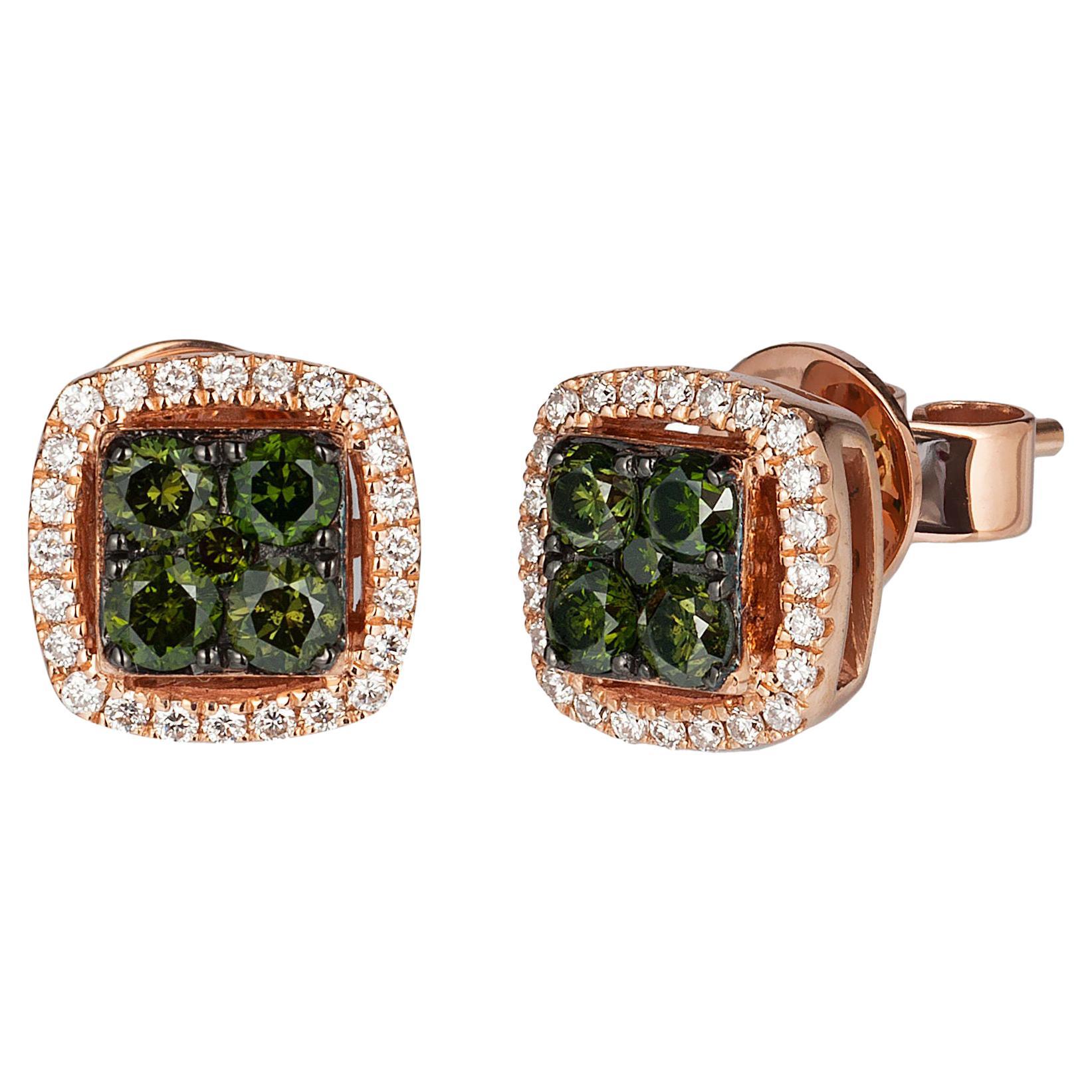 LeVian 14K Rose Gold Round Green Diamond Classic Pretty Fancy Beautiful Earrings For Sale