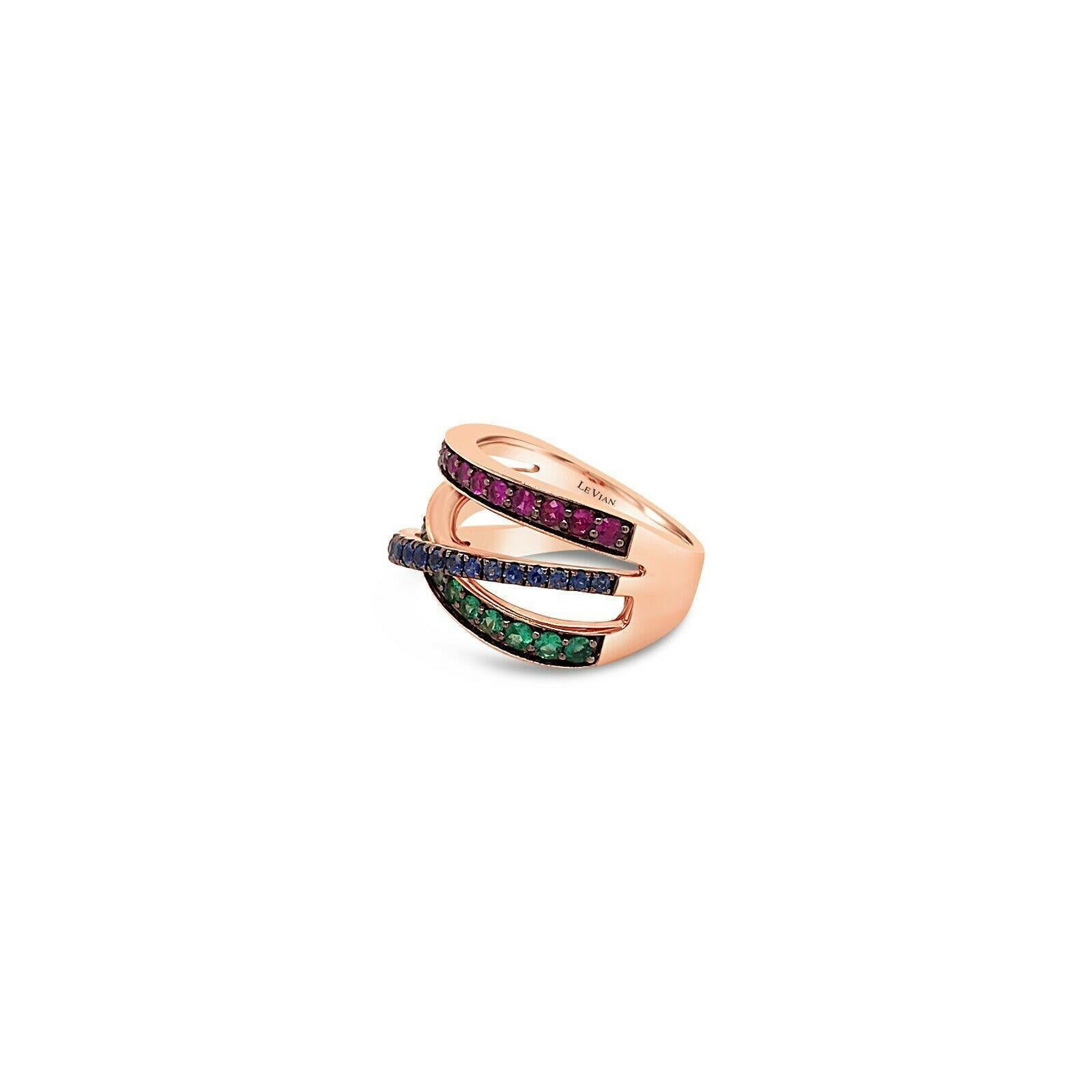 Women's or Men's LeVian 14K Rose Gold Sapphire Emerald Ruby Fancy Classic Crossover Cocktail Ring For Sale