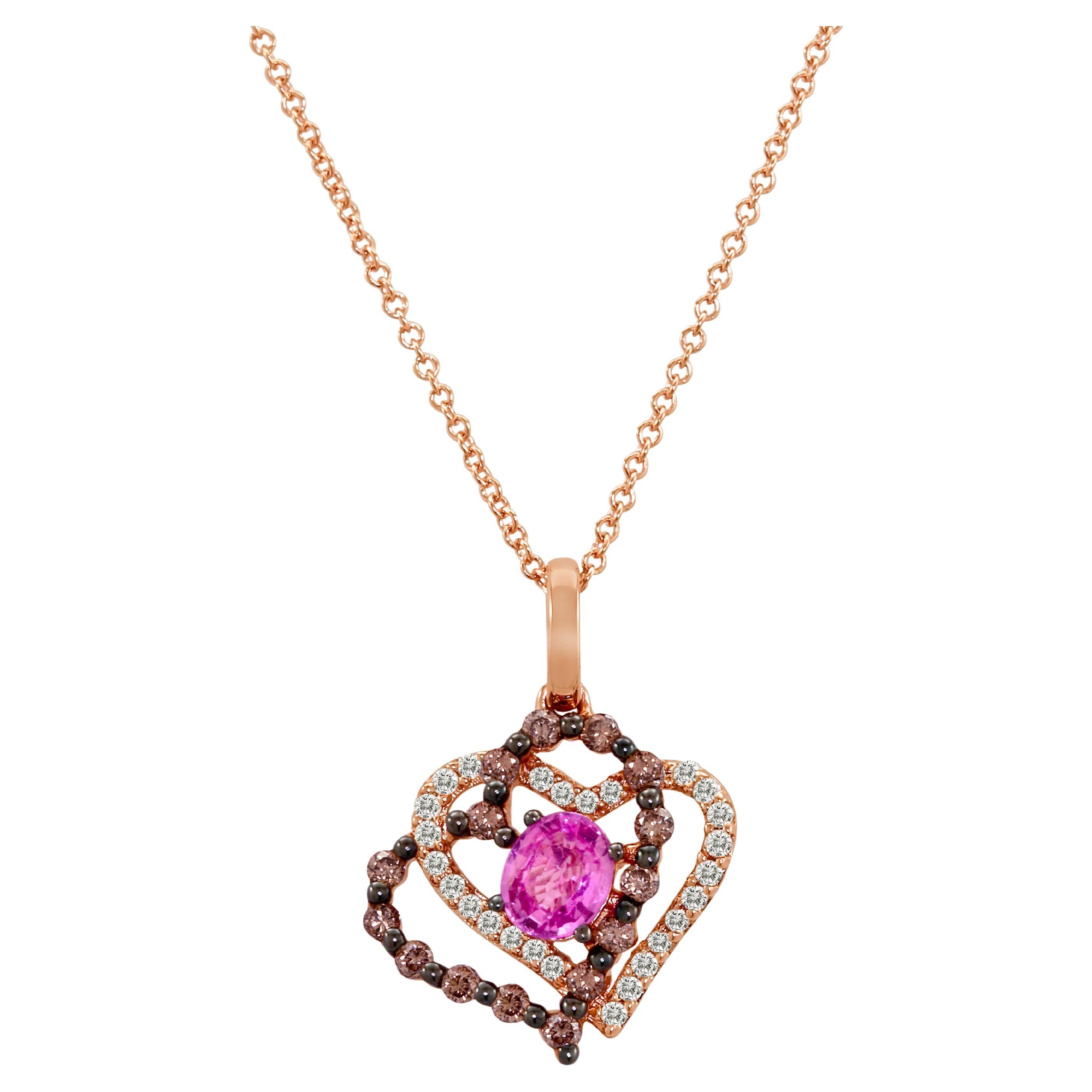 Levian 14K Rose Gold Sapphire Round Brown Chocolate Diamond Pendant Necklace For Sale