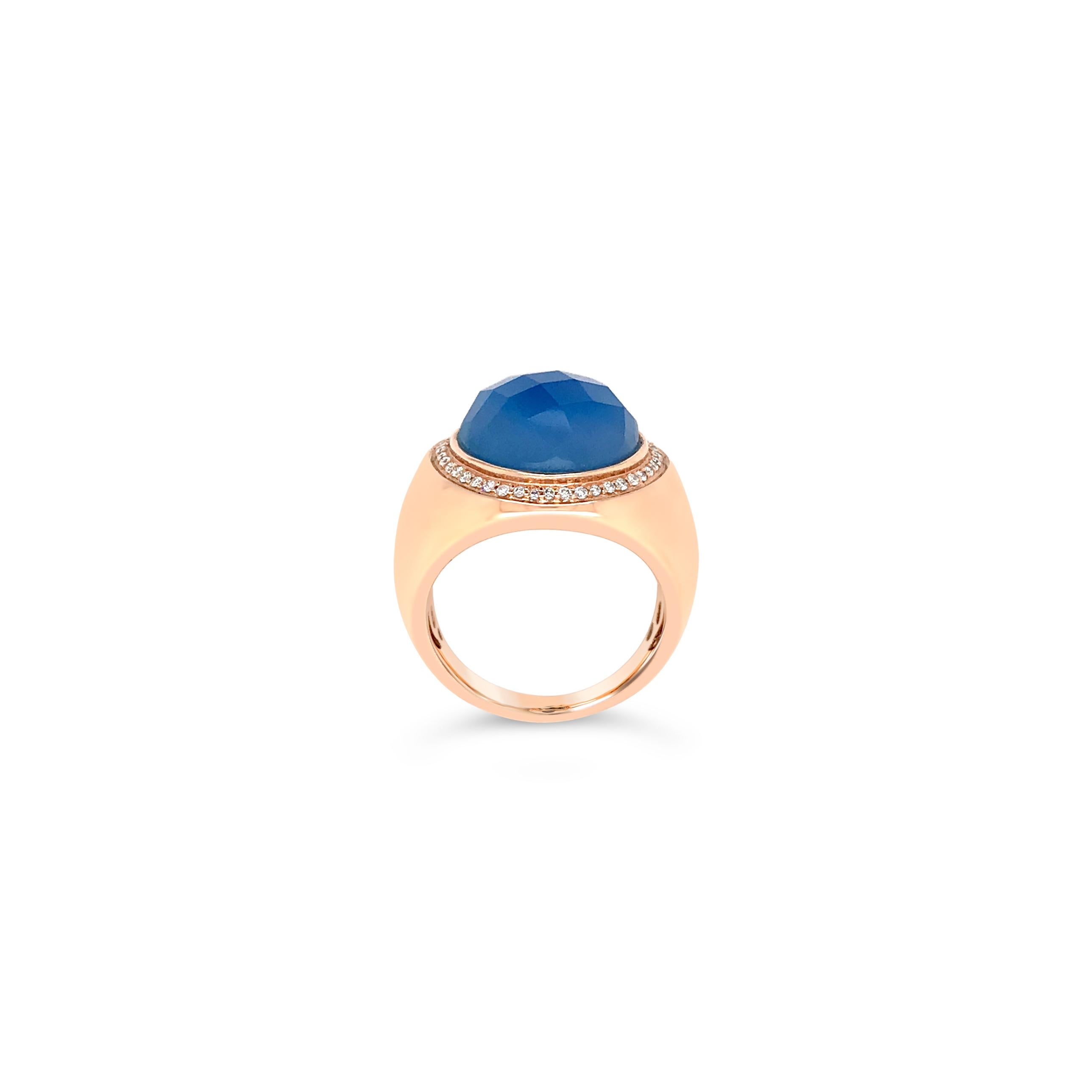 LeVian 14K Rose Gold Sky Blue Agate Gemstone Round Diamond Halo Cocktail Ring In New Condition For Sale In Great Neck, NY