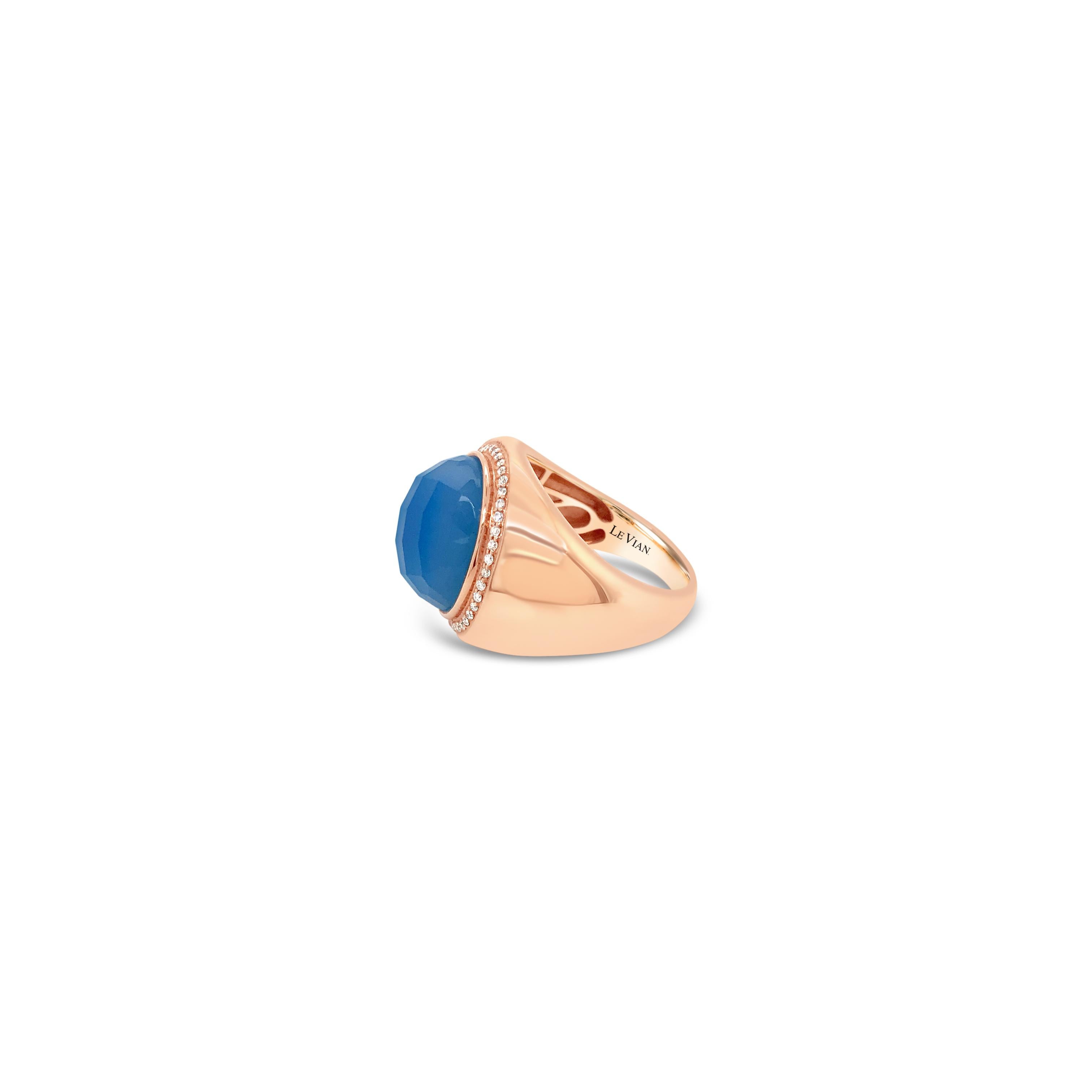Women's LeVian 14K Rose Gold Sky Blue Agate Gemstone Round Diamond Halo Cocktail Ring For Sale