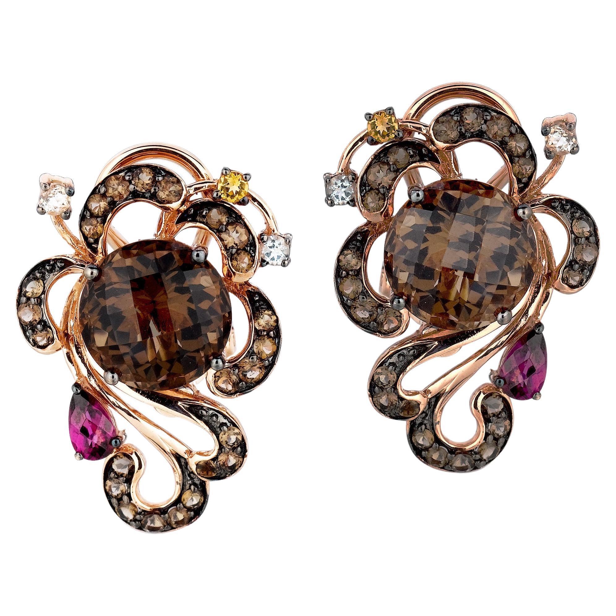 LeVian 14K Rose Gold Smoky Quartz Rhodolite Blue Topaz Citrine Fancy Earrings