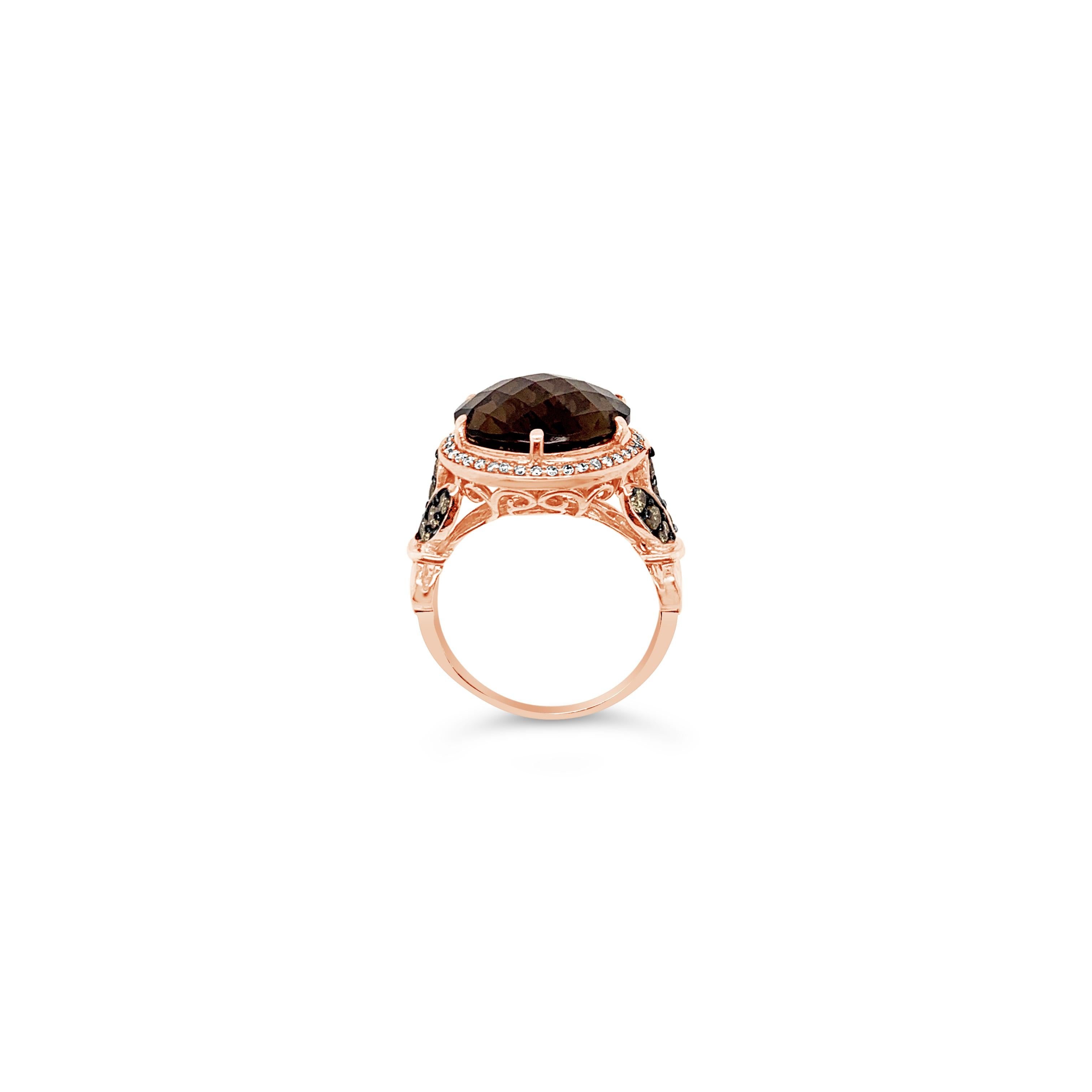 LeVian 14K Rose Gold Smoky Quartz Round Chocolate Brown Diamond Classy Halo Ring Neuf - En vente à Great Neck, NY