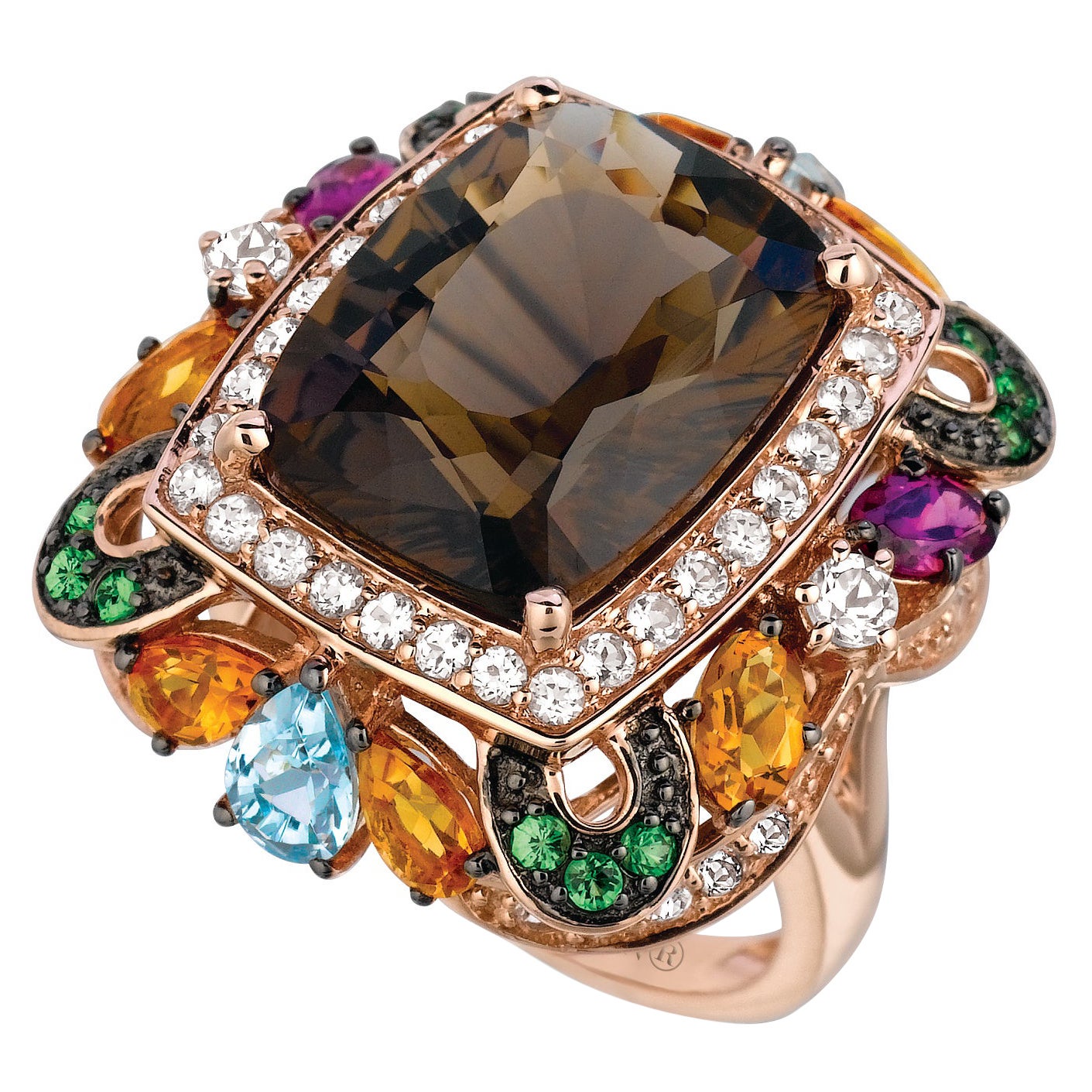 LeVian 14K Rose Gold Smoky Quartz Topaz Citrine Rhodolite Tsavorite Halo Ring