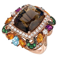 LeVian 14K Rose Gold Smoky Quartz Topaz Citrine Rhodolite Tsavorite Halo Ring