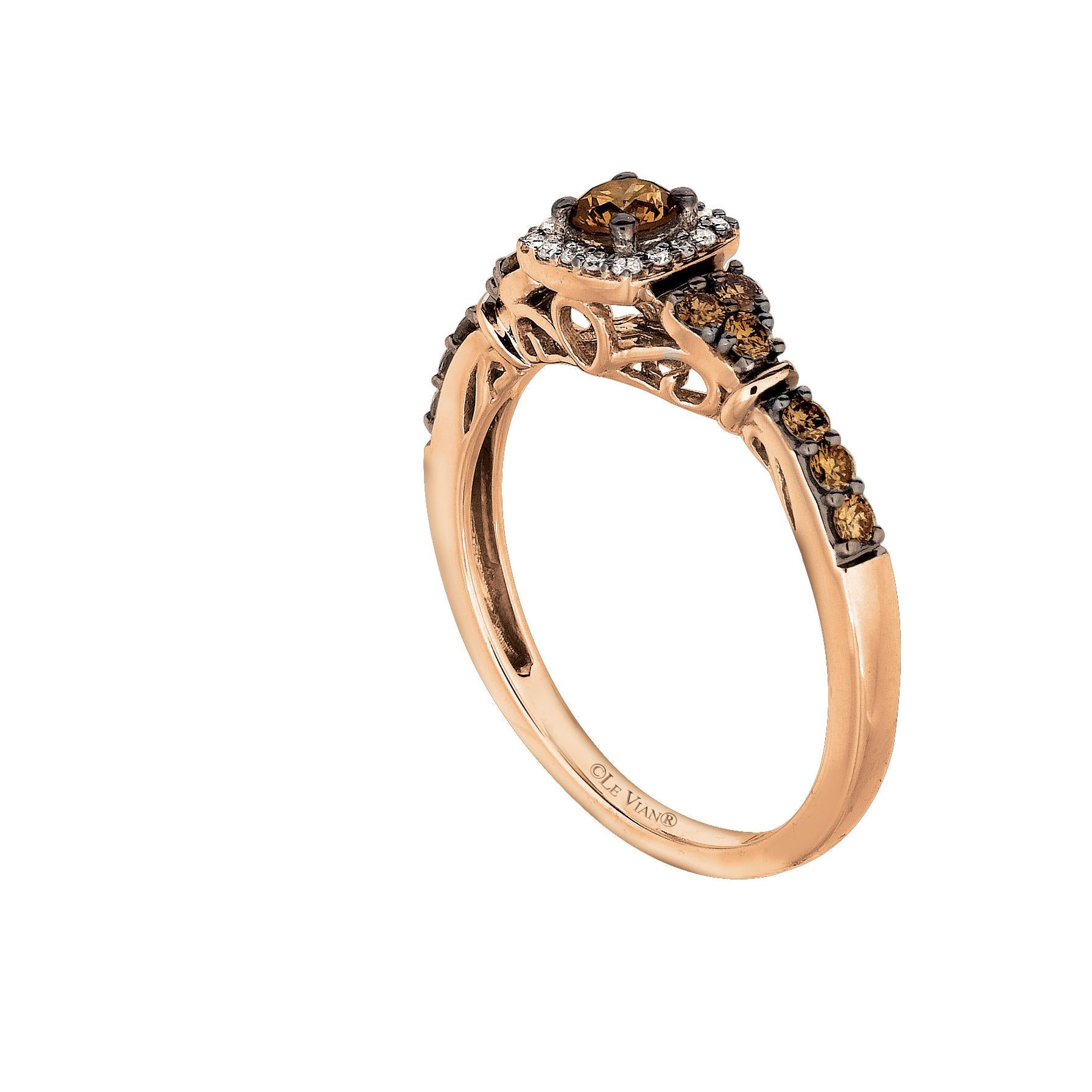 LeVian 14K Rose Gold White/Chocolate Diamond Halo Fashion Ring In New Condition For Sale In Great Neck, NY