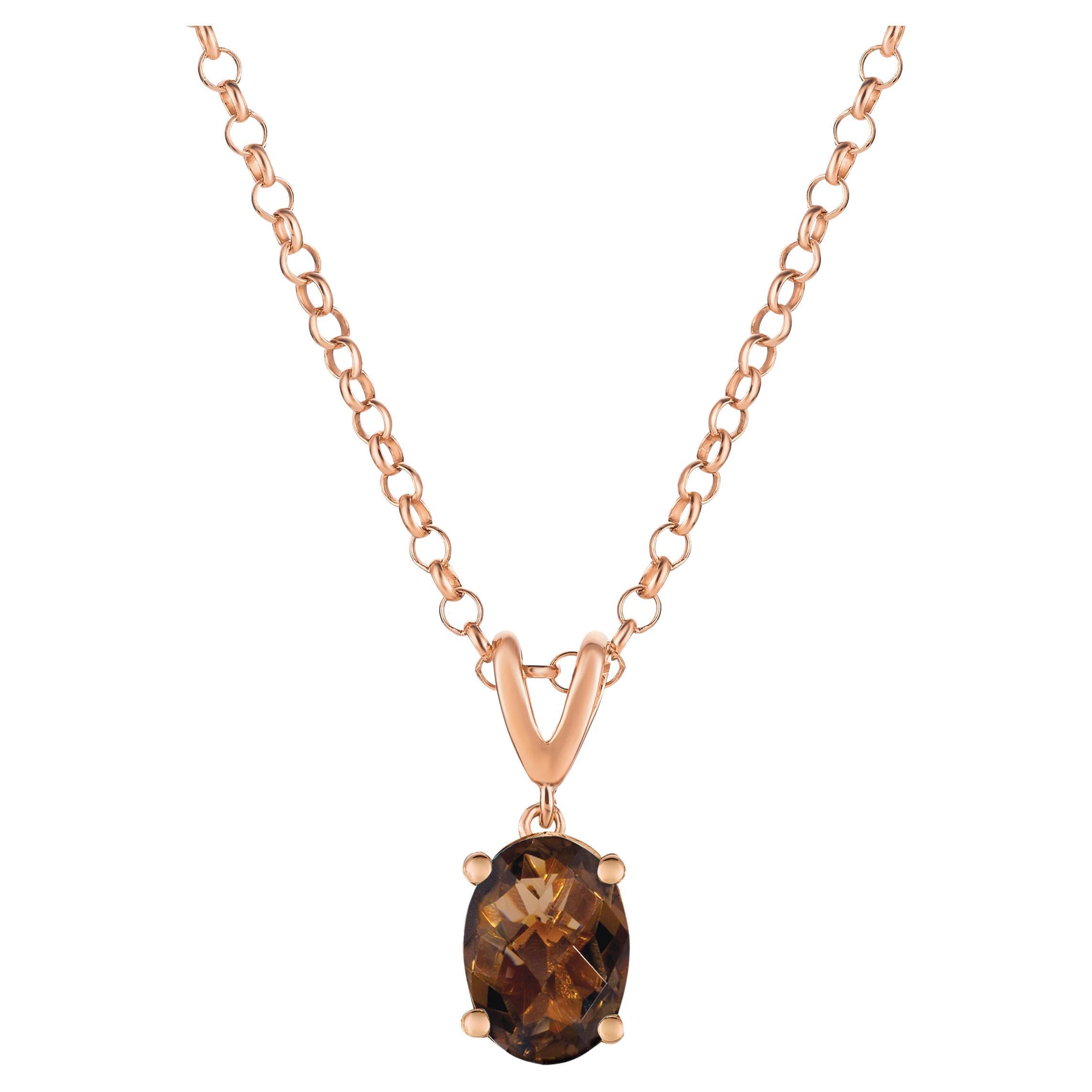 LeVian 14K Smoky Quartz Pendant Rose Gold Plated Sterling Silver Cable Chain For Sale