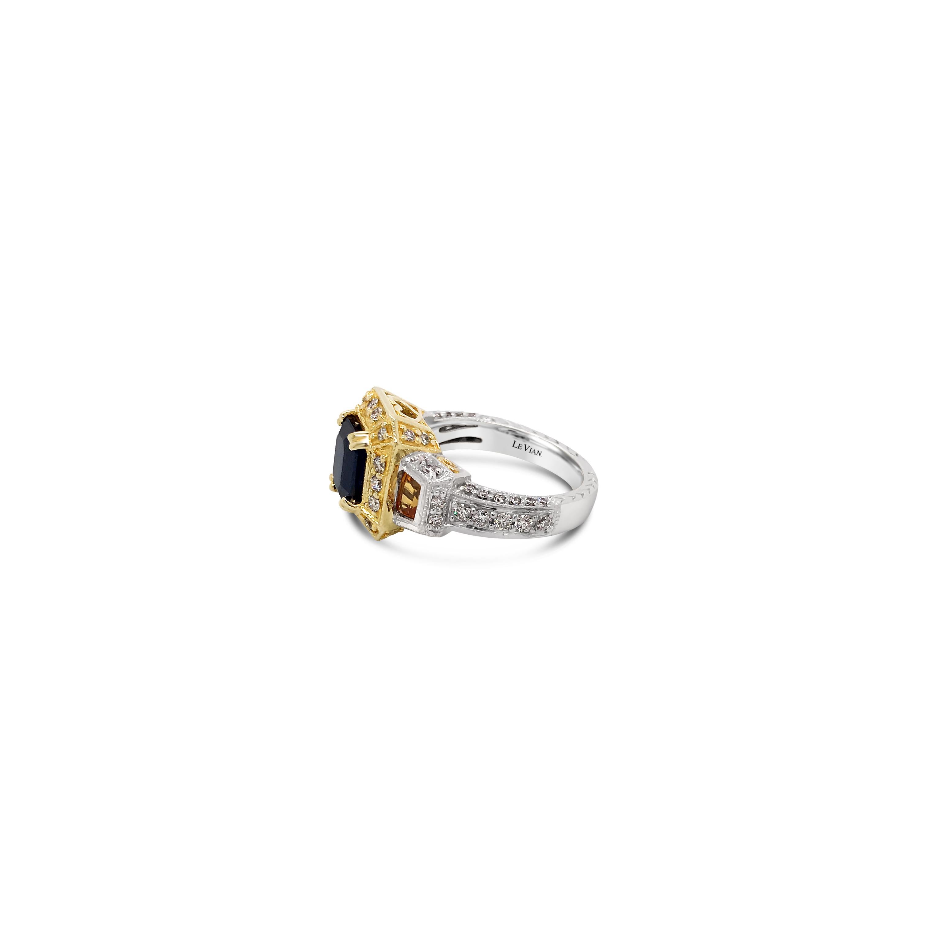 LeVian 14K Two Tone Gold Yellow & Blue Sapphire Round Diamond Halo Cocktail Ring In New Condition For Sale In Great Neck, NY