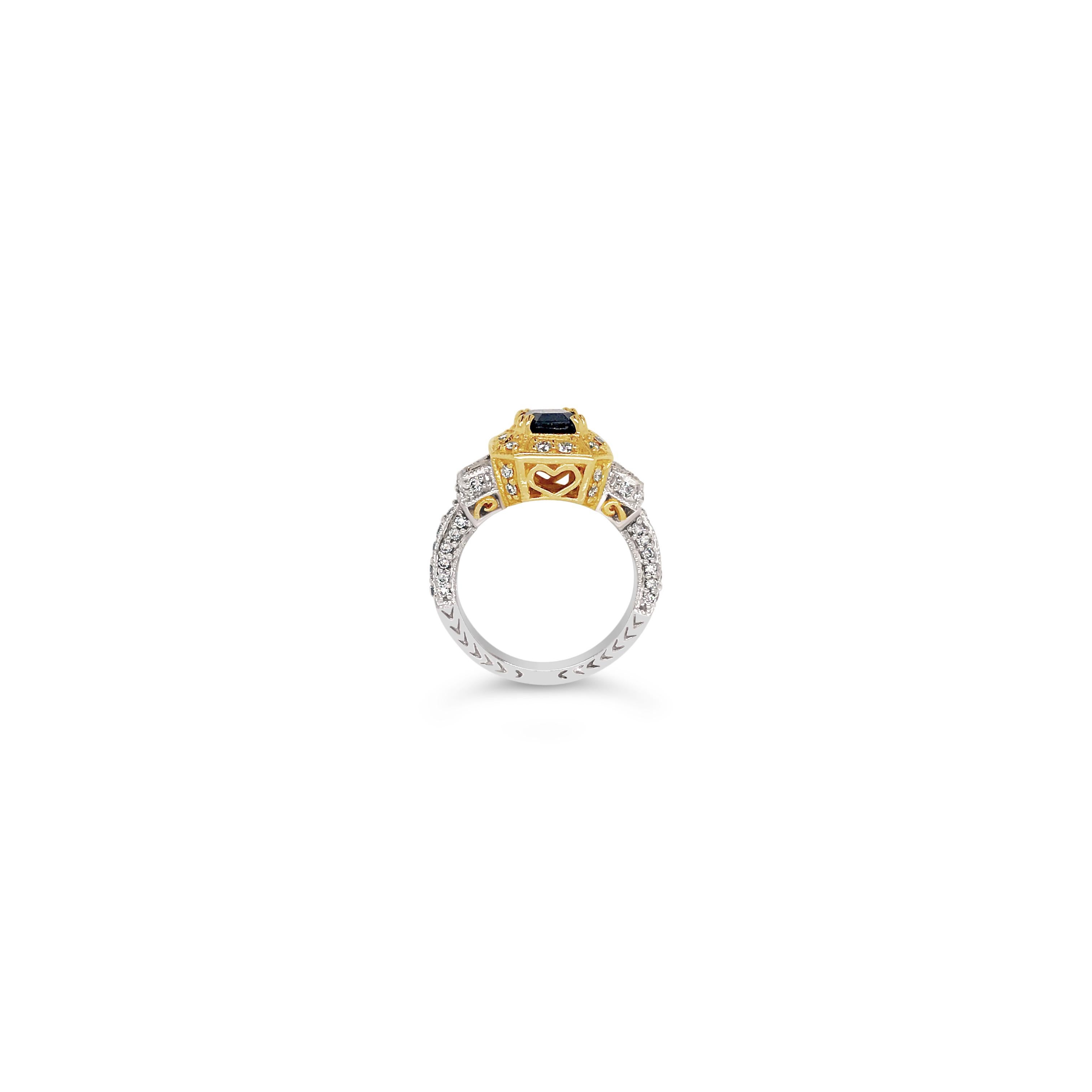 Women's LeVian 14K Two Tone Gold Yellow & Blue Sapphire Round Diamond Halo Cocktail Ring For Sale
