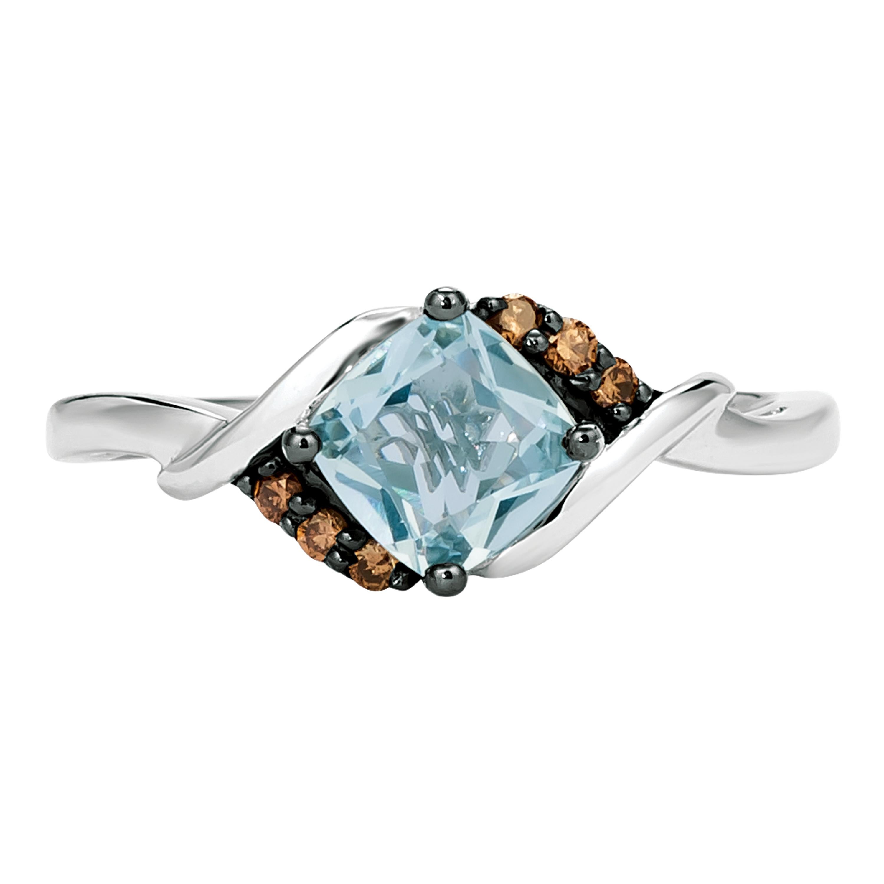This gorgeous ring features a central square shaped, cushion-cut colorful gemstone in your choice of Sea Blue Aquamarine or Neon Tangerine Fire Opal, flanked by twin rows of sparkling Chocolate Diamonds all set in 14K Vanilla Gold or 14K Honey Gold