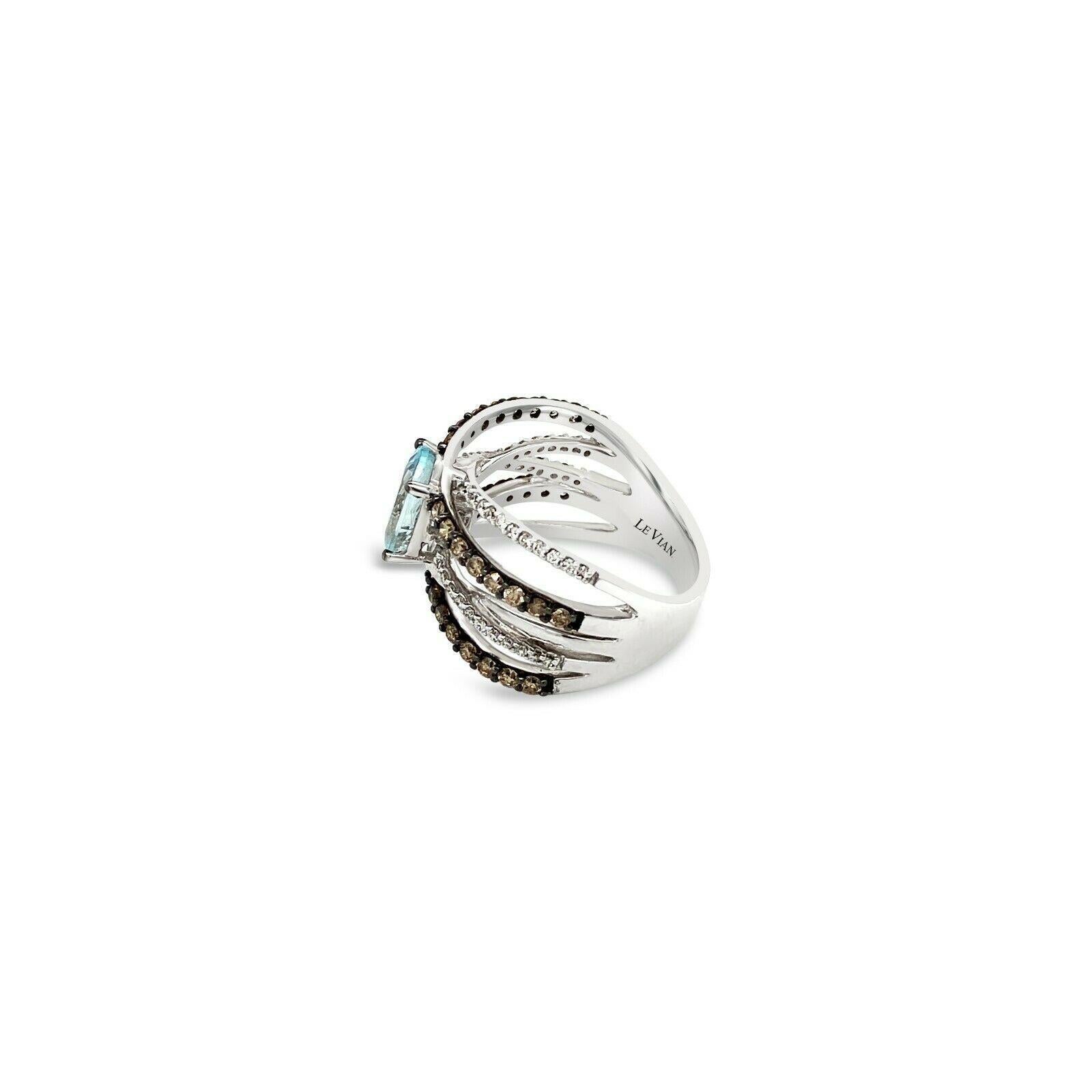LeVian 14K White Gold Aqua Chocolate Brown Round Diamond New Swirl Cocktail Ring In New Condition For Sale In Great Neck, NY